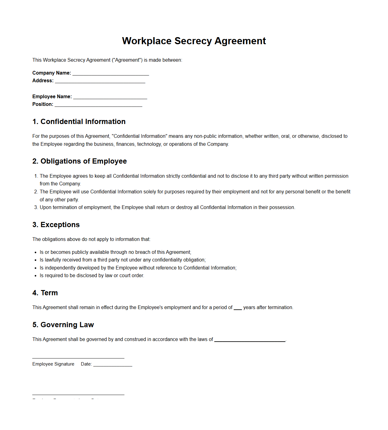 Workplace Secrecy Agreement Sample