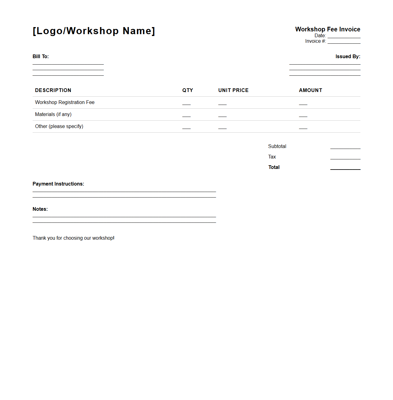Workshop Fee Invoice Format