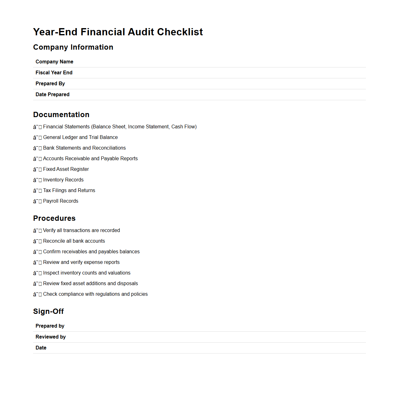 Year-End Financial Audit Checklist Format