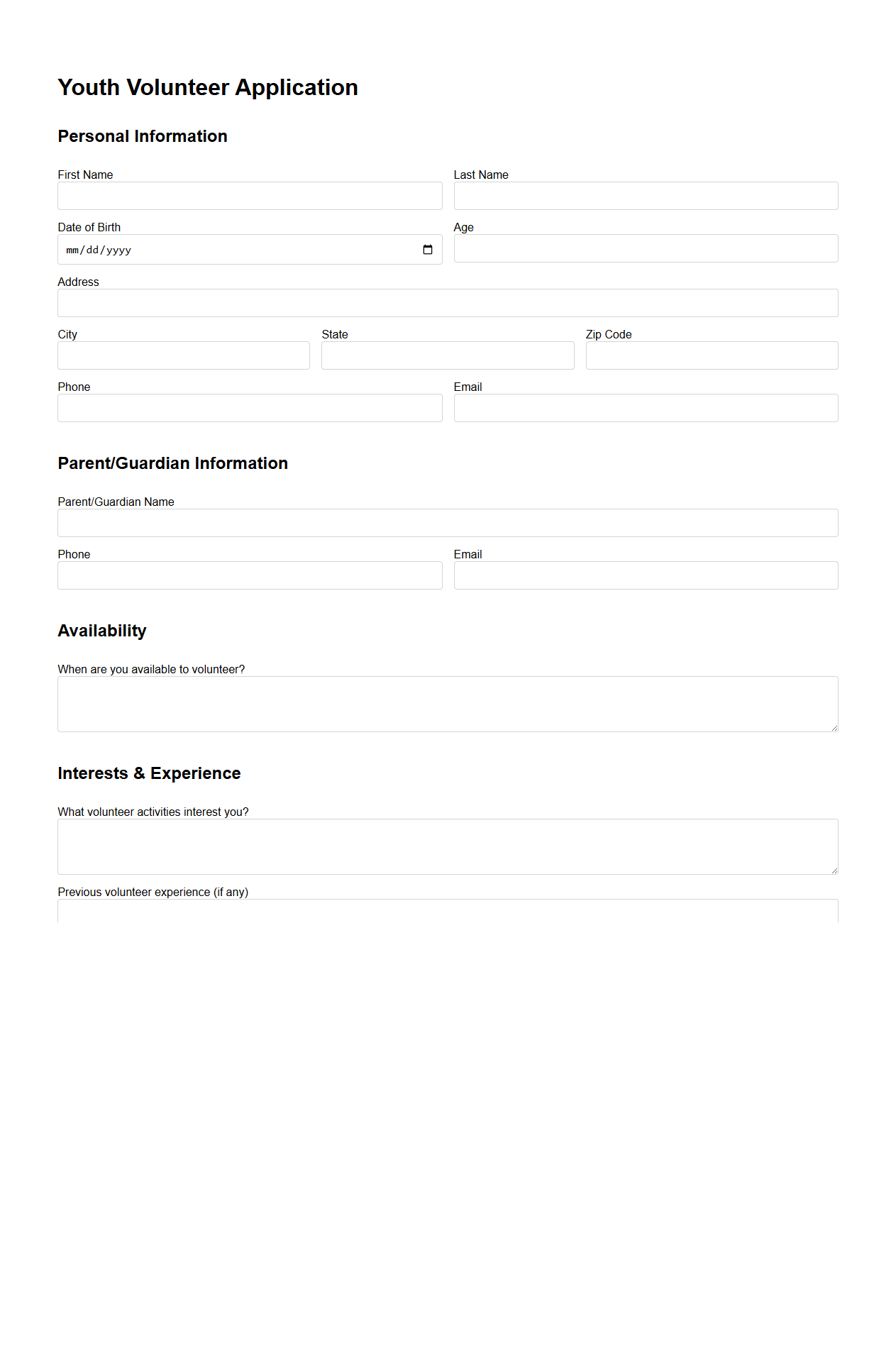 Youth Volunteer Application Template for Non-Profits