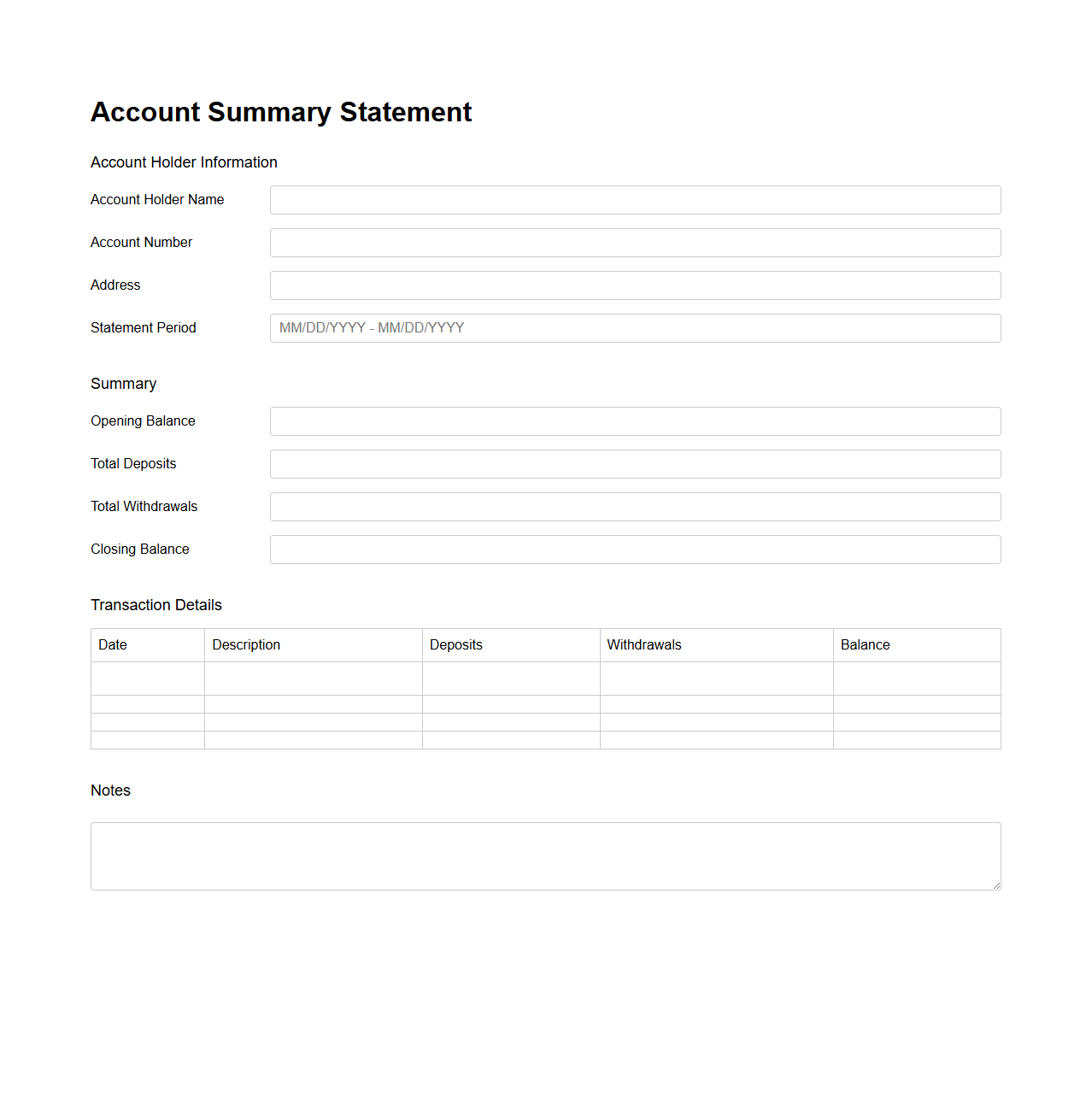 Account Summary Statement Blank Form