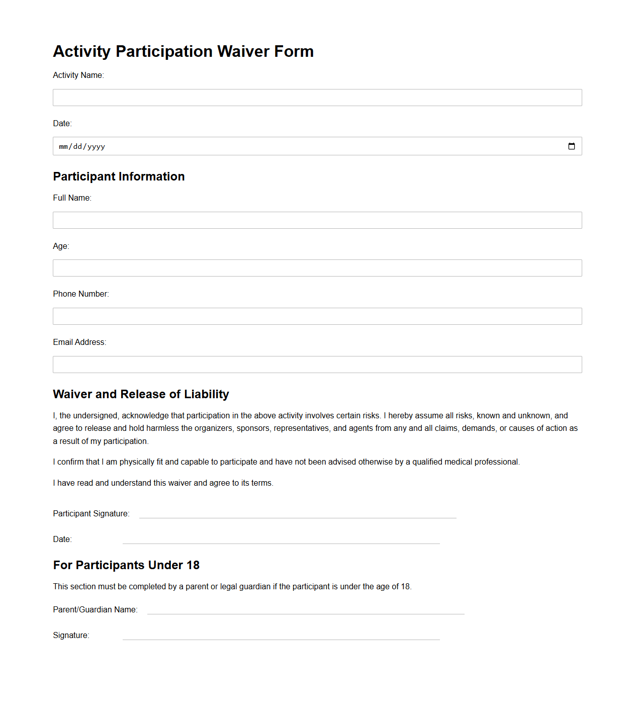 Activity Participation Waiver Form Template