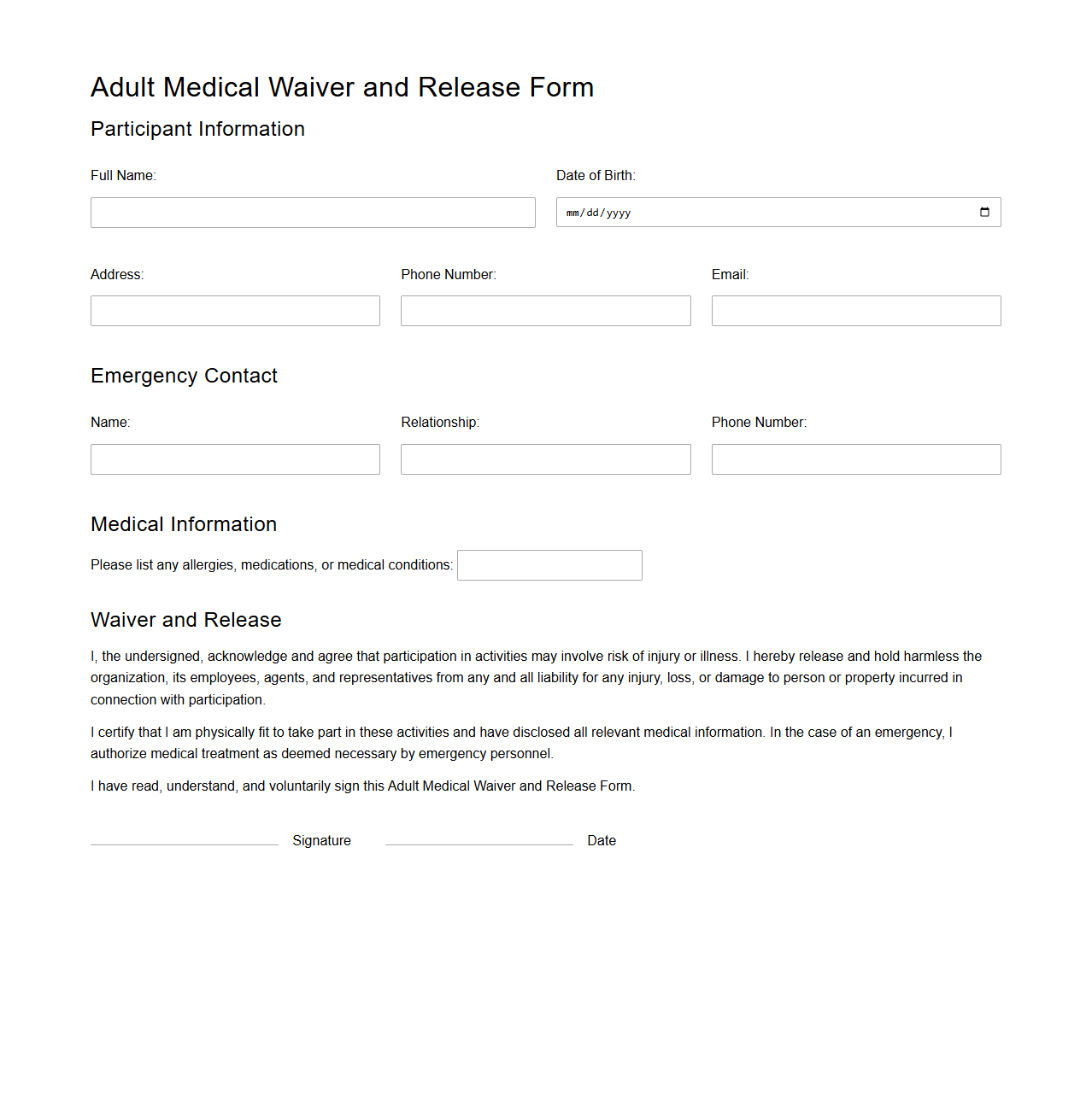 Adult Medical Waiver and Release Form
