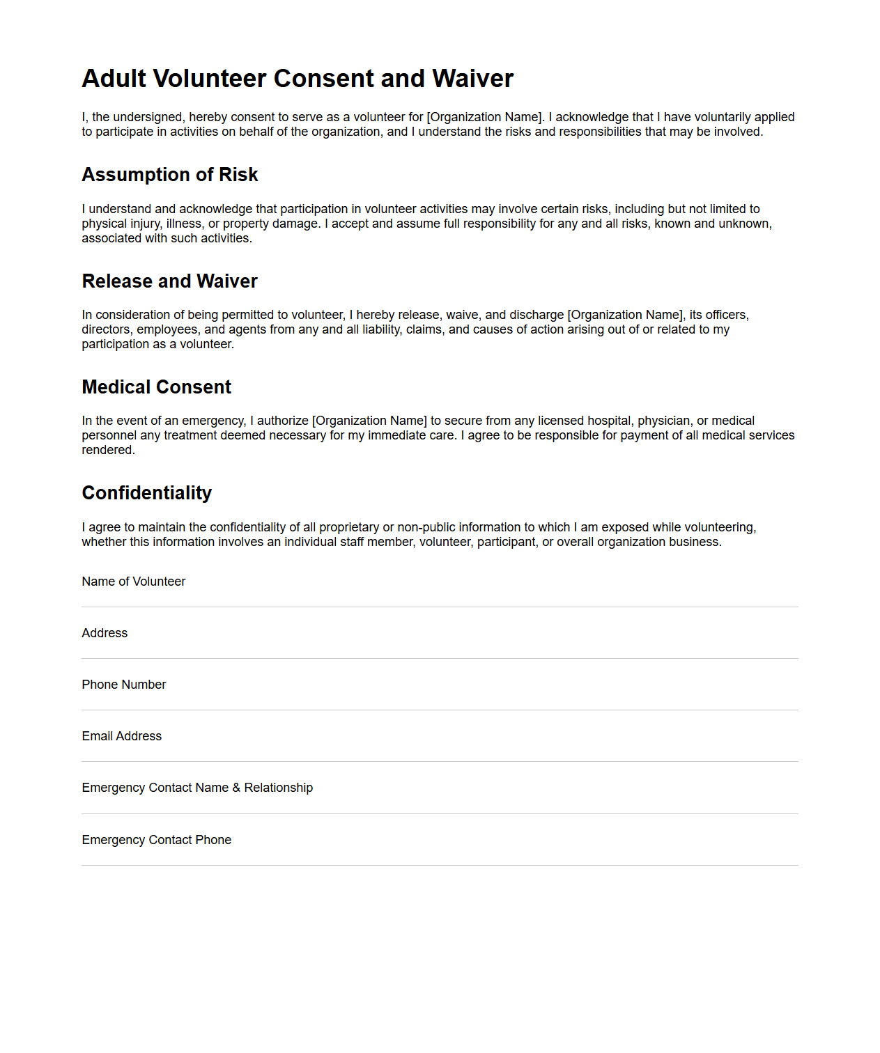 Adult Volunteer Consent and Waiver Template