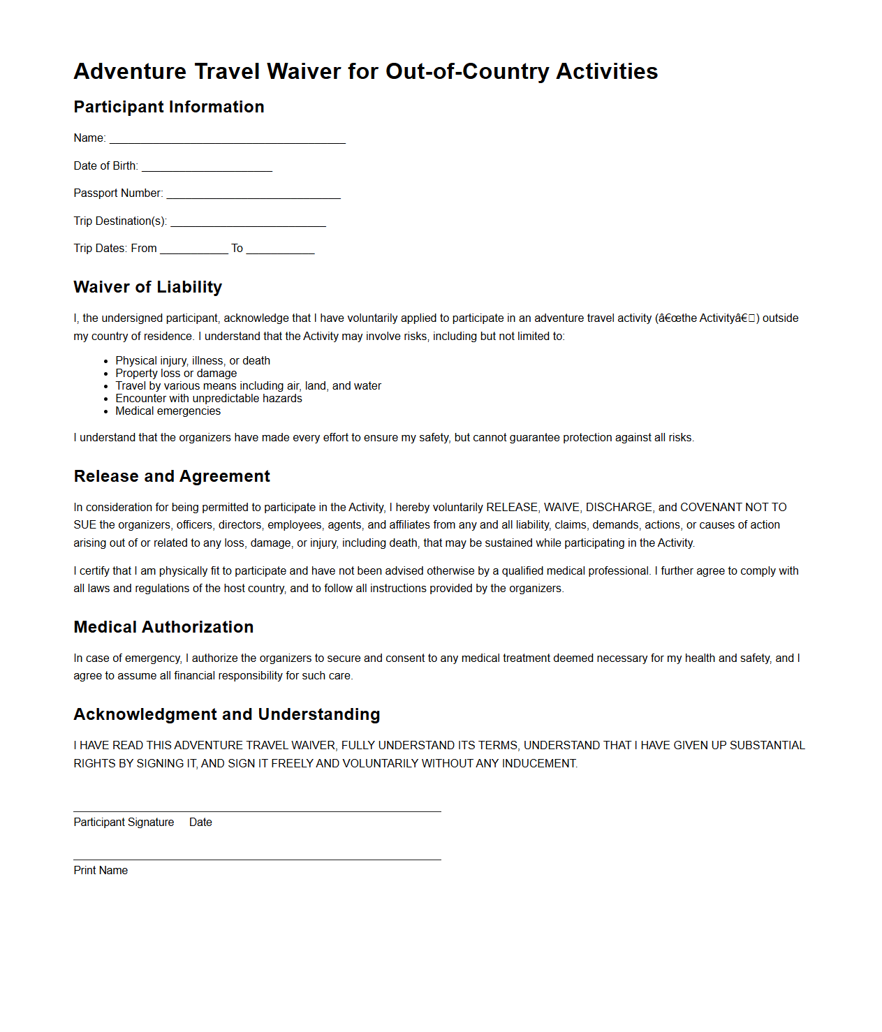 Adventure Travel Waiver for Out-of-Country Activities