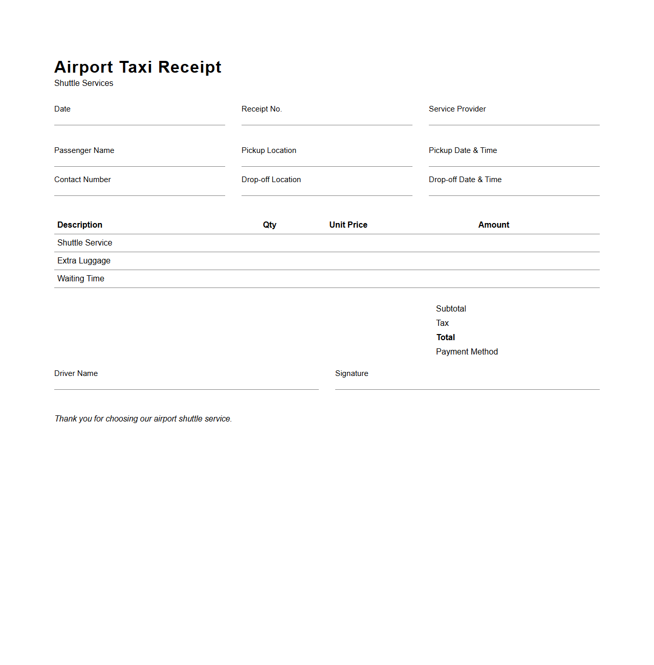 Airport Taxi Receipt Template for Shuttle Services