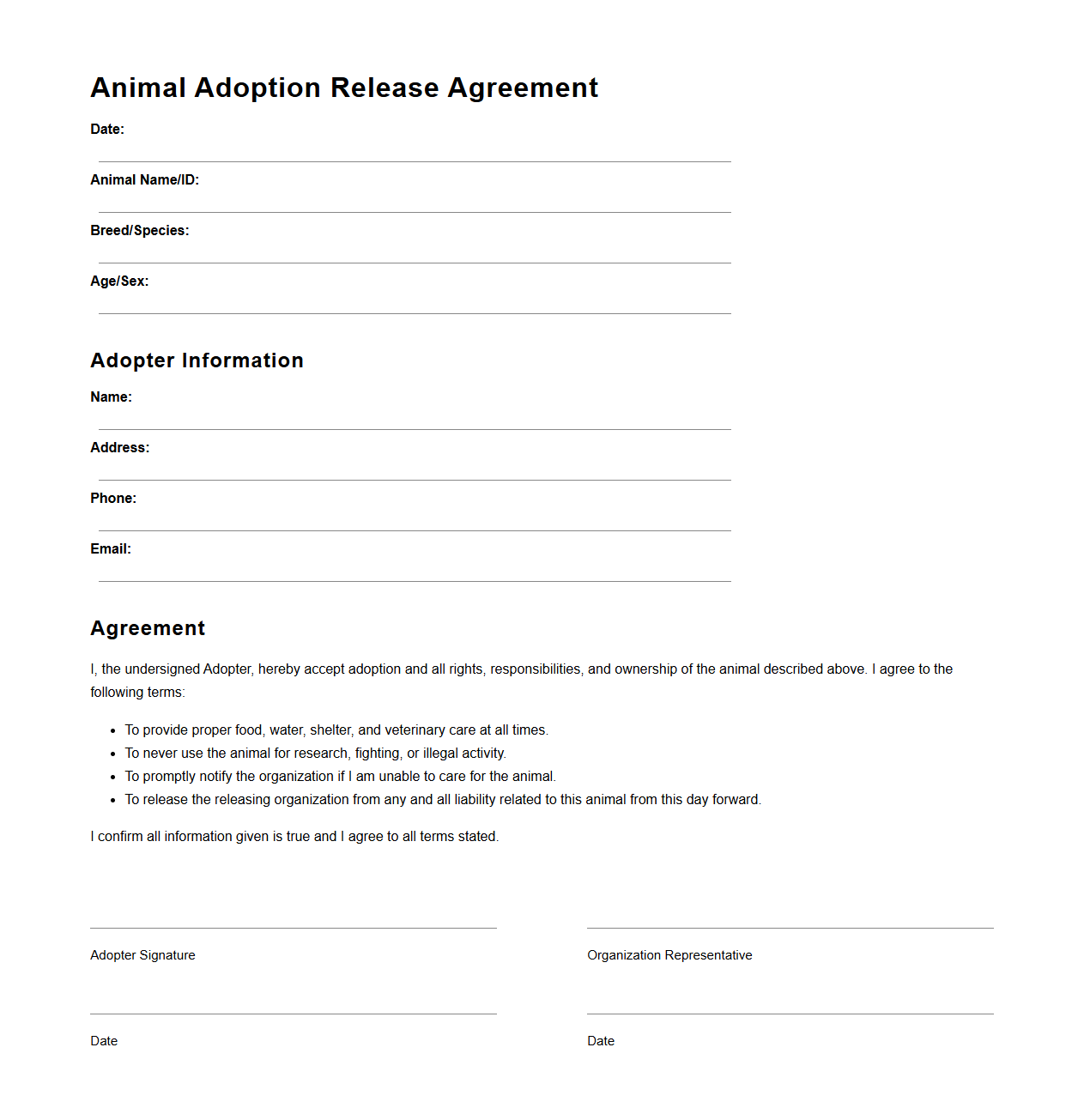 Animal Adoption Release Agreement