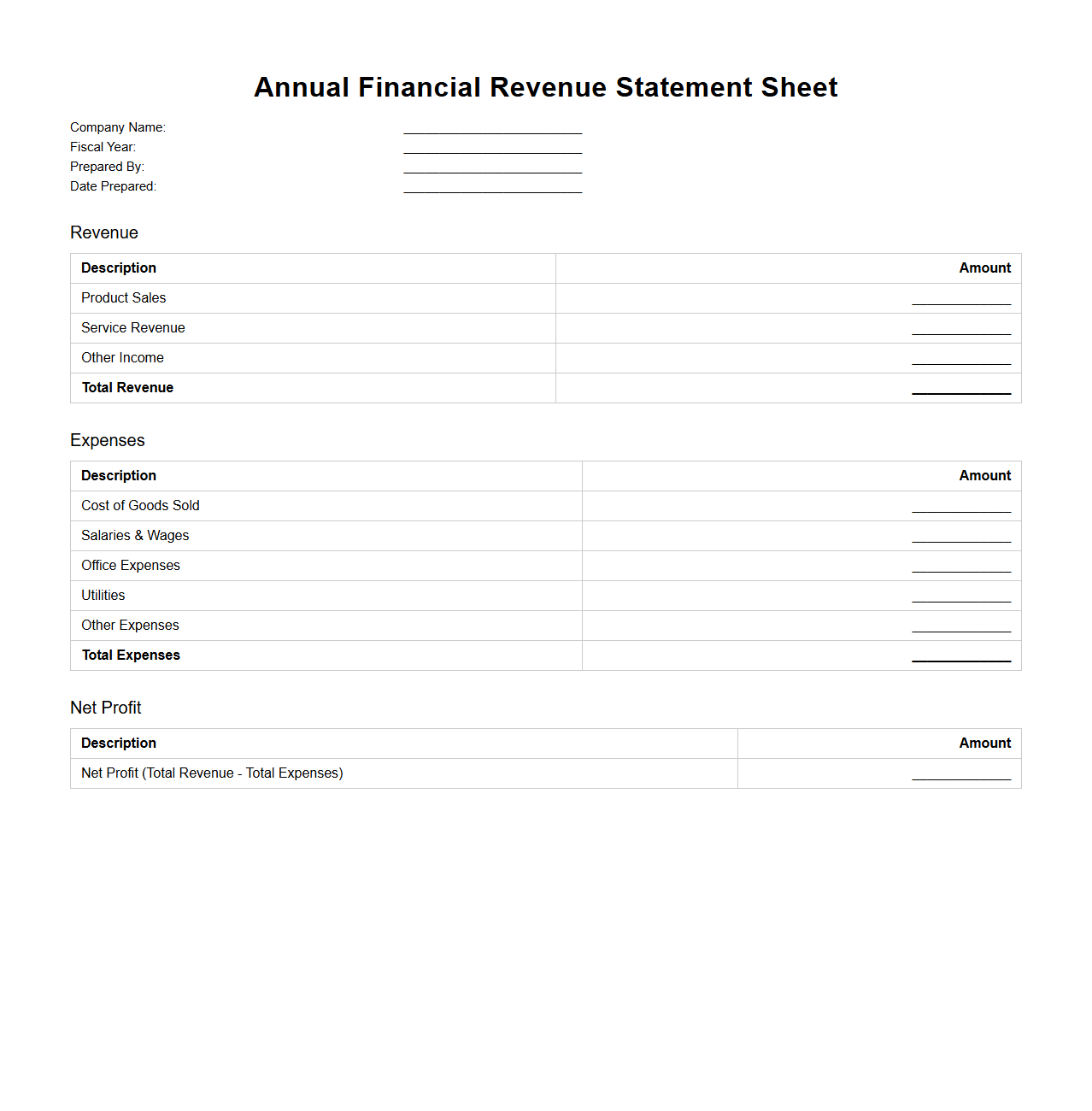 Annual Financial Revenue Statement Sheet