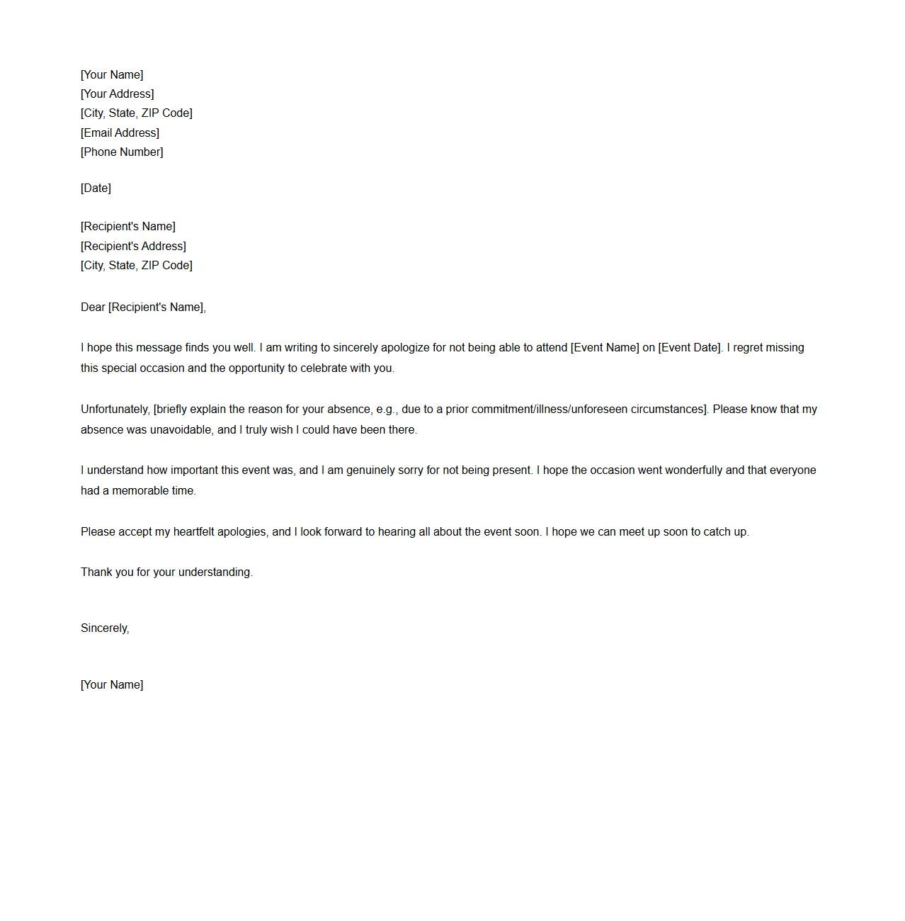 Apology Letter Template for Missed Events