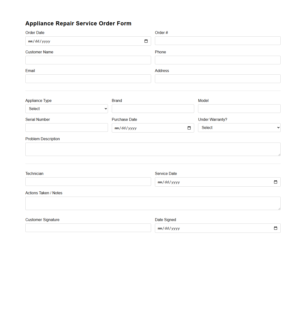 Appliance Repair Service Order Form