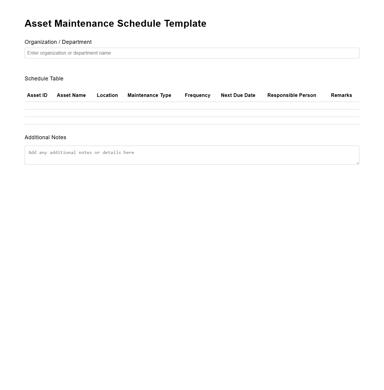 Asset Maintenance Schedule Organization Template