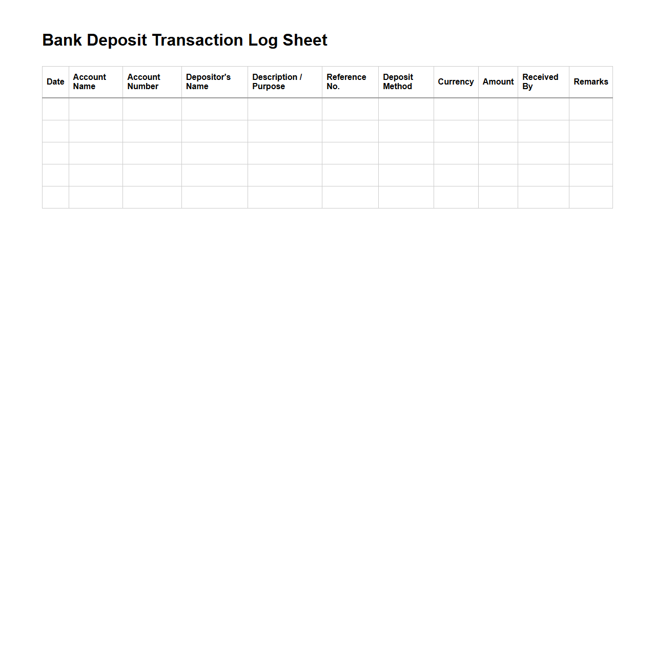 Bank Deposit Transaction Log Sheet
