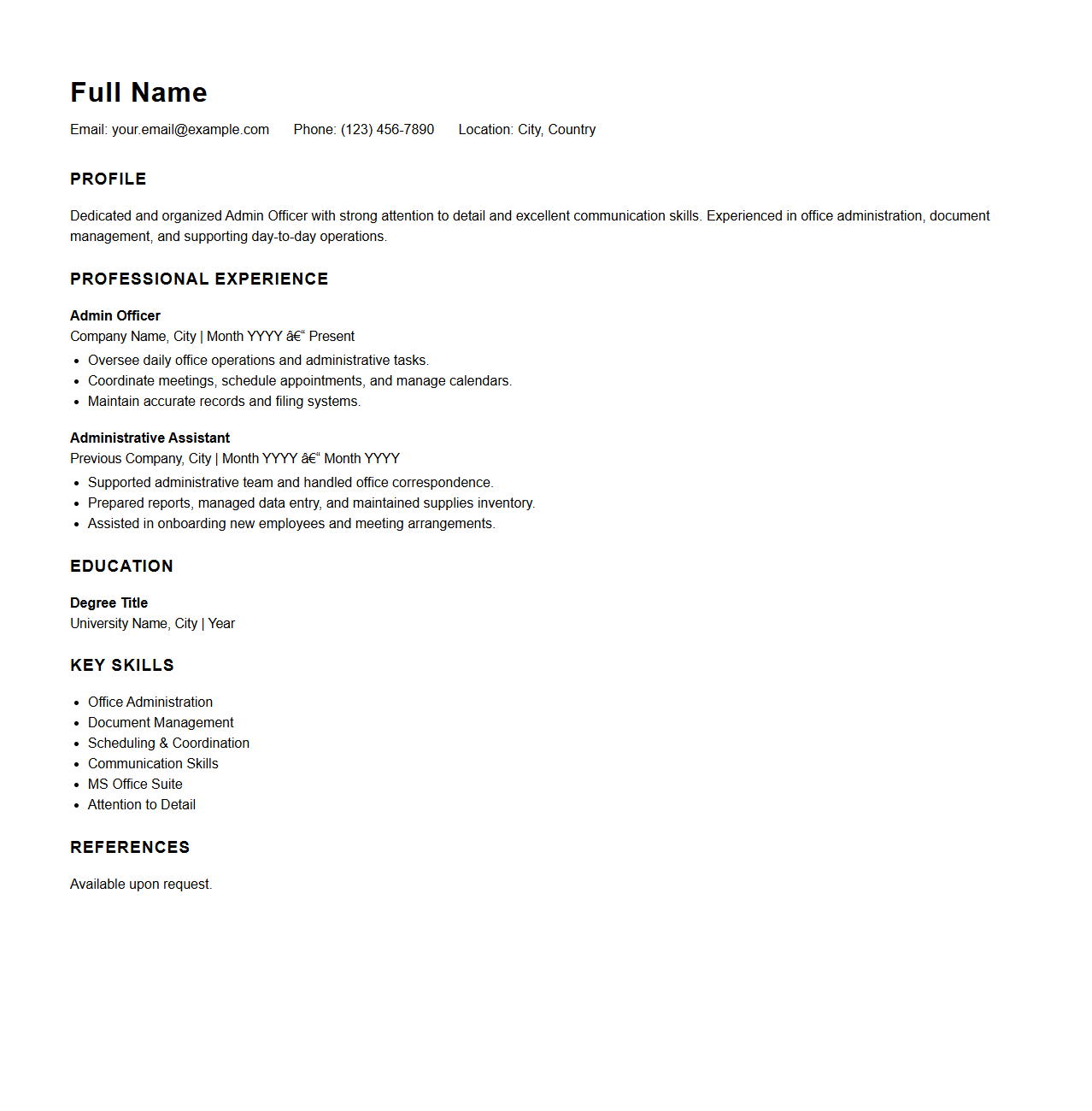 Basic Admin Officer CV Template