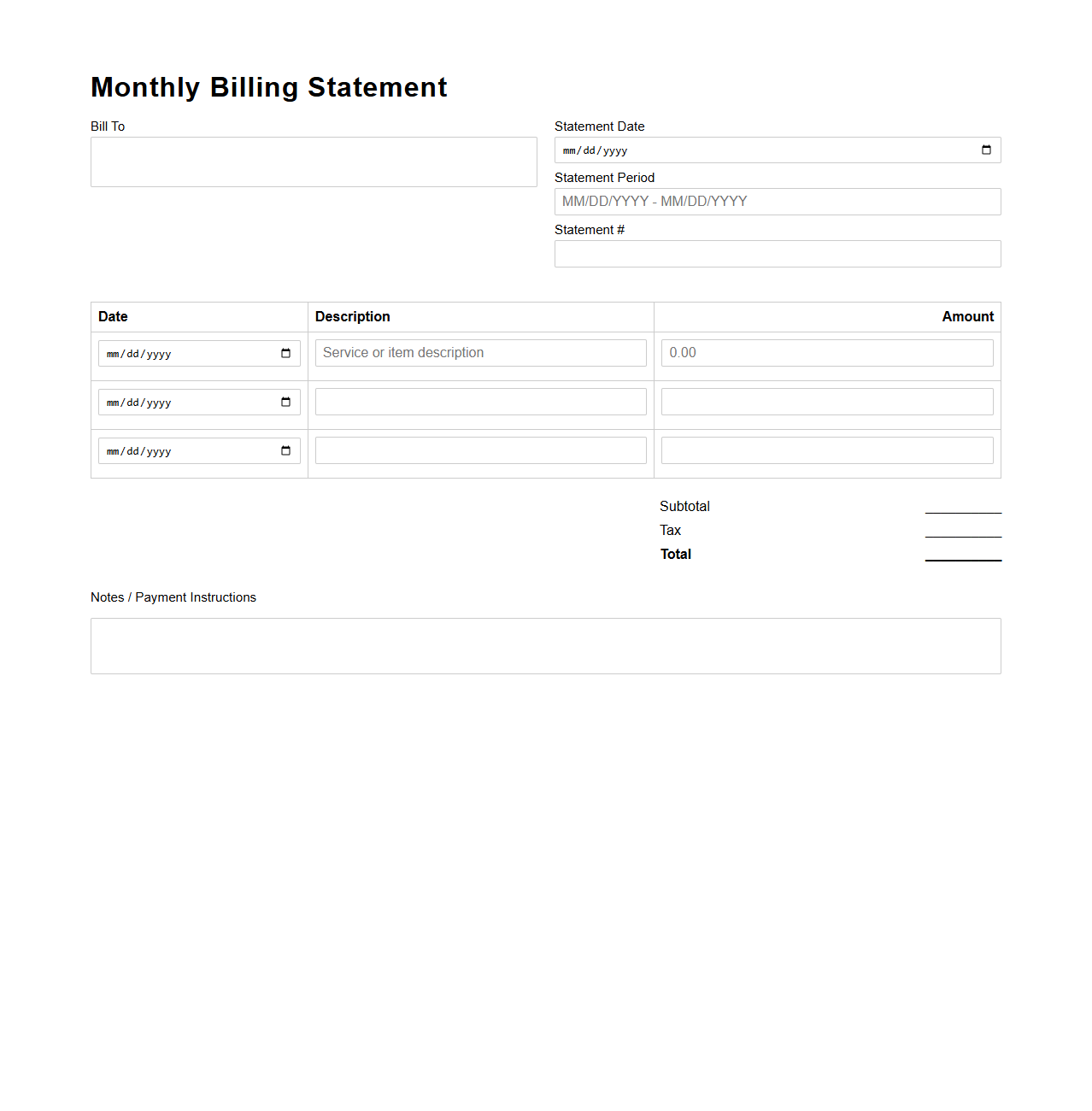 Basic Blank Monthly Billing Statement