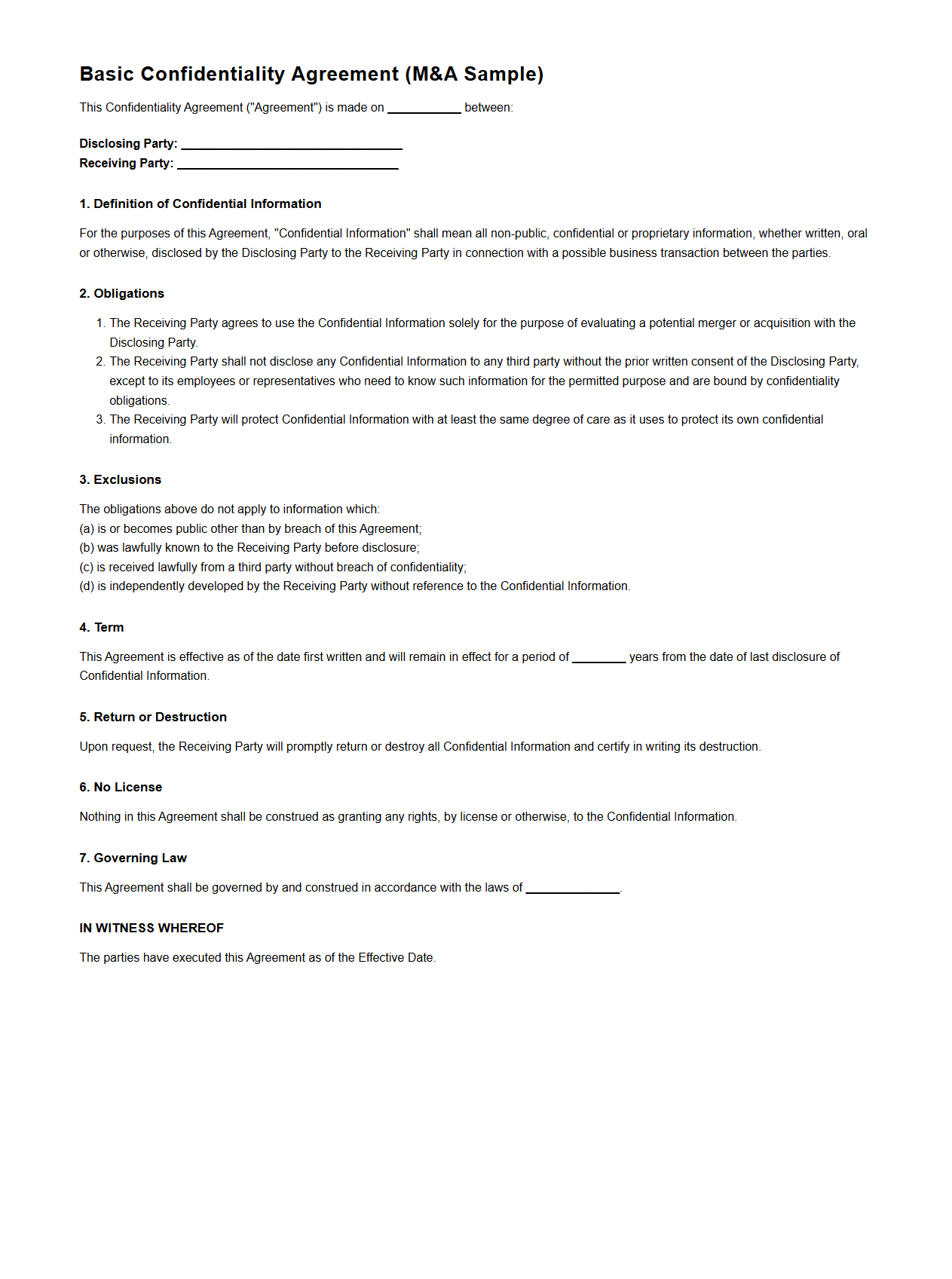 Basic Confidentiality Contract Template for M&A