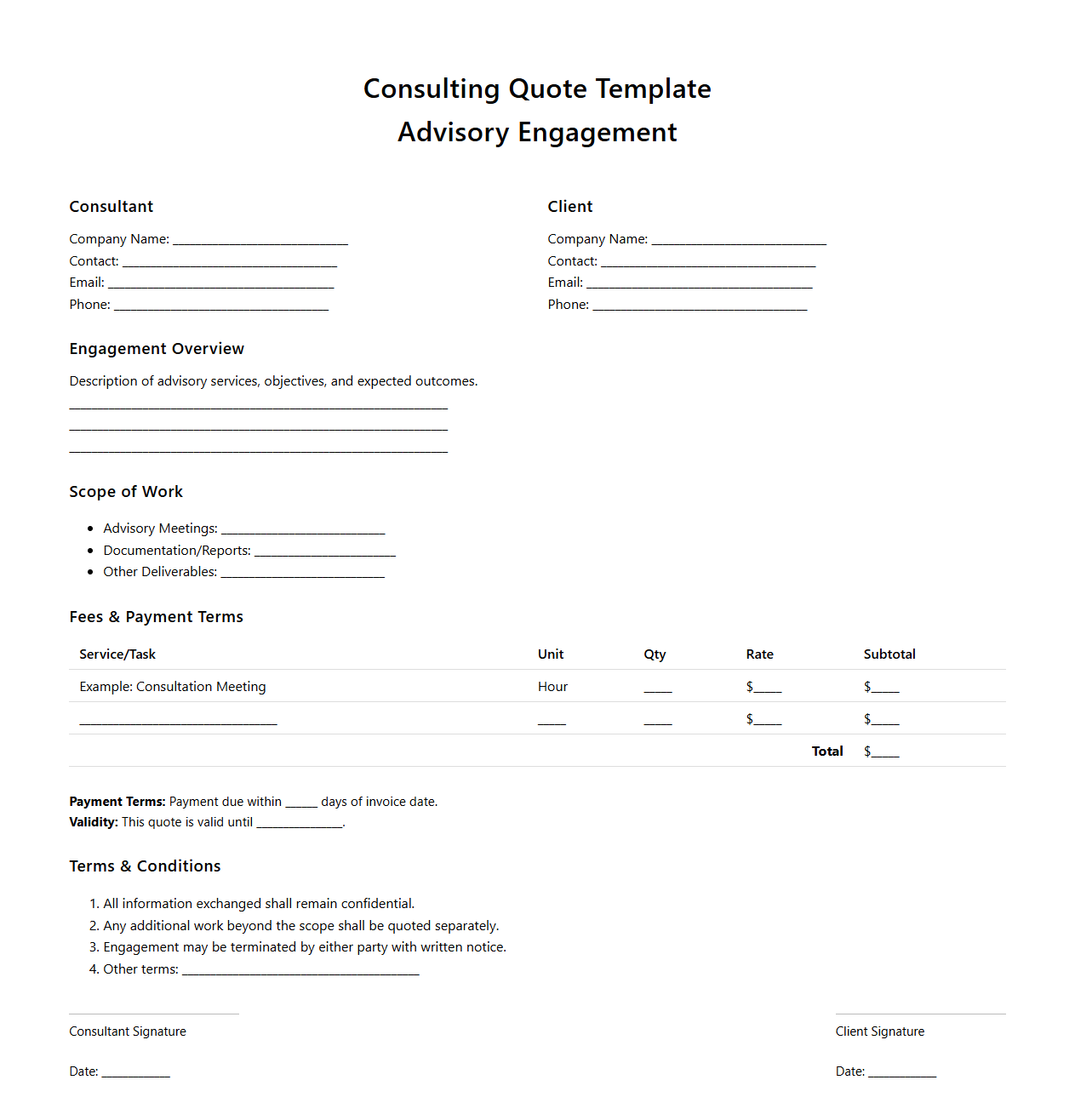 Basic Consulting Quote Template for Advisory Engagements
