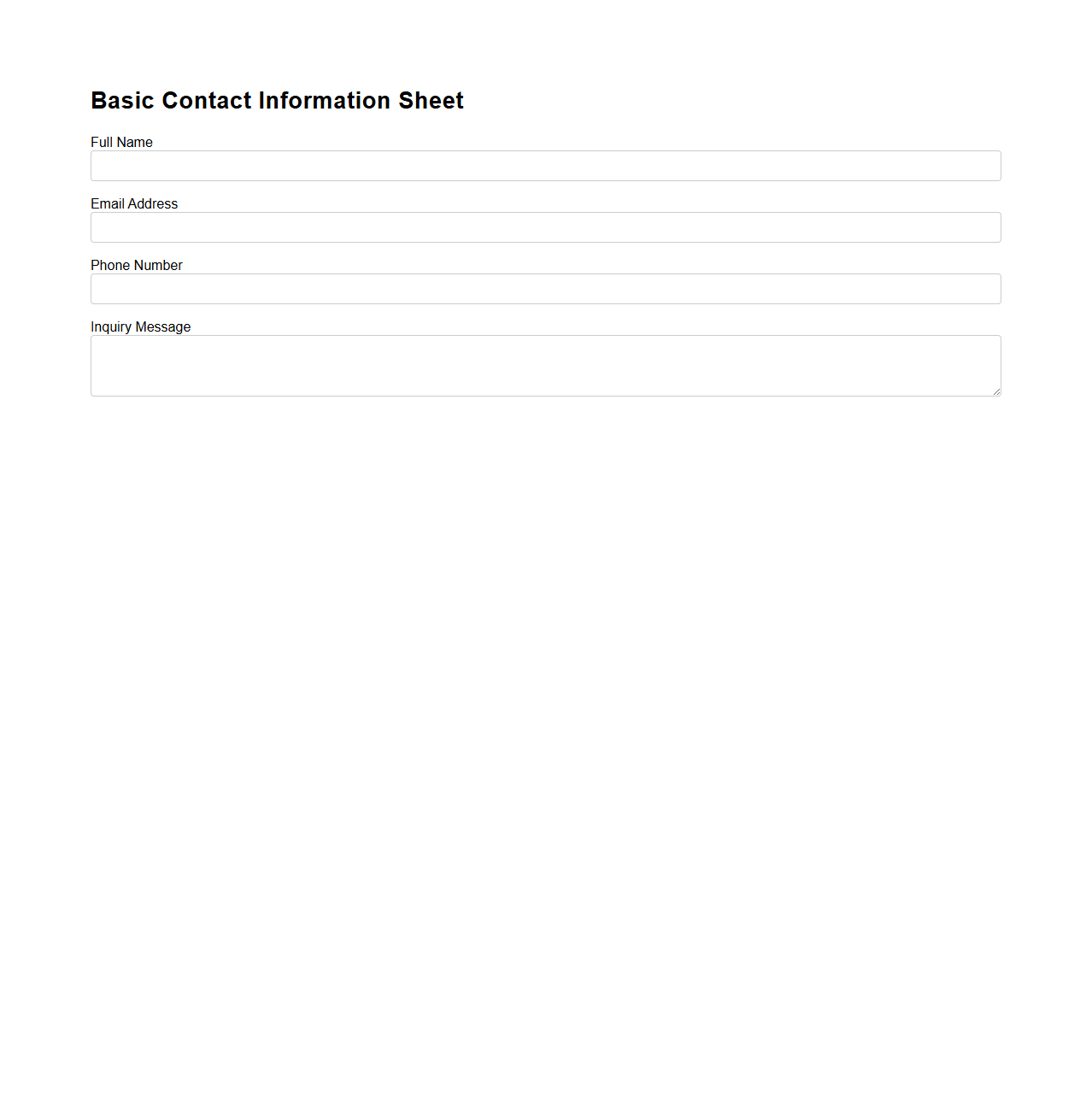 Basic Contact Information Sheet for Customer Inquiries