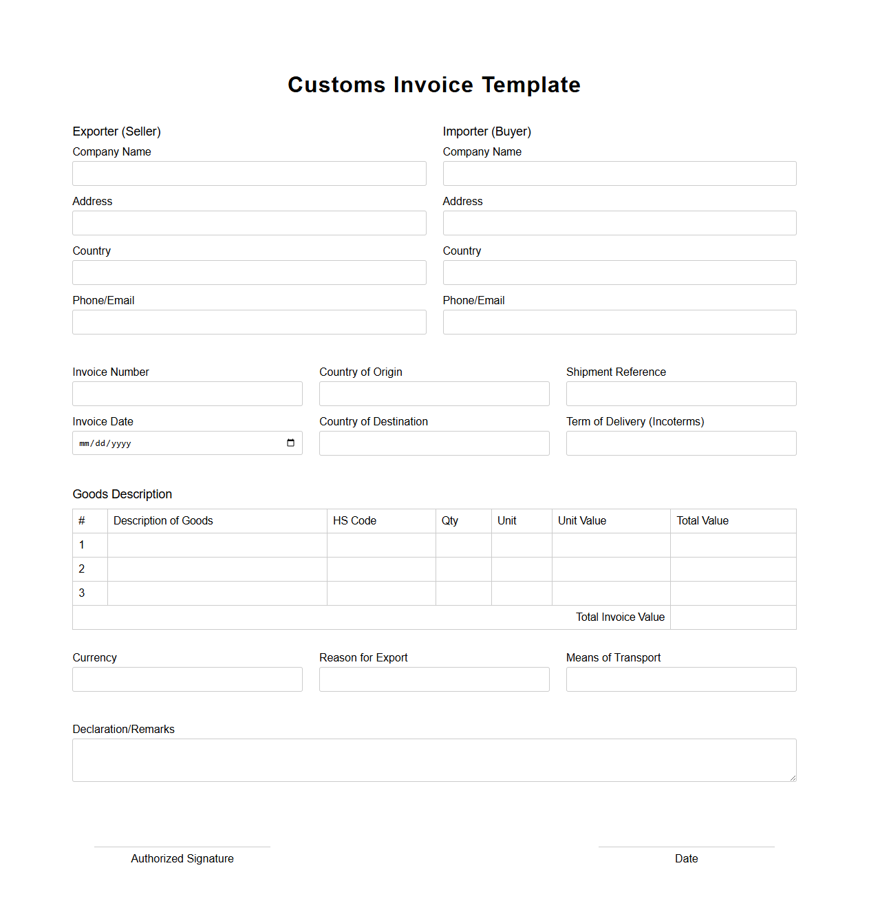 Basic Customs Invoice Template for Global Shipments