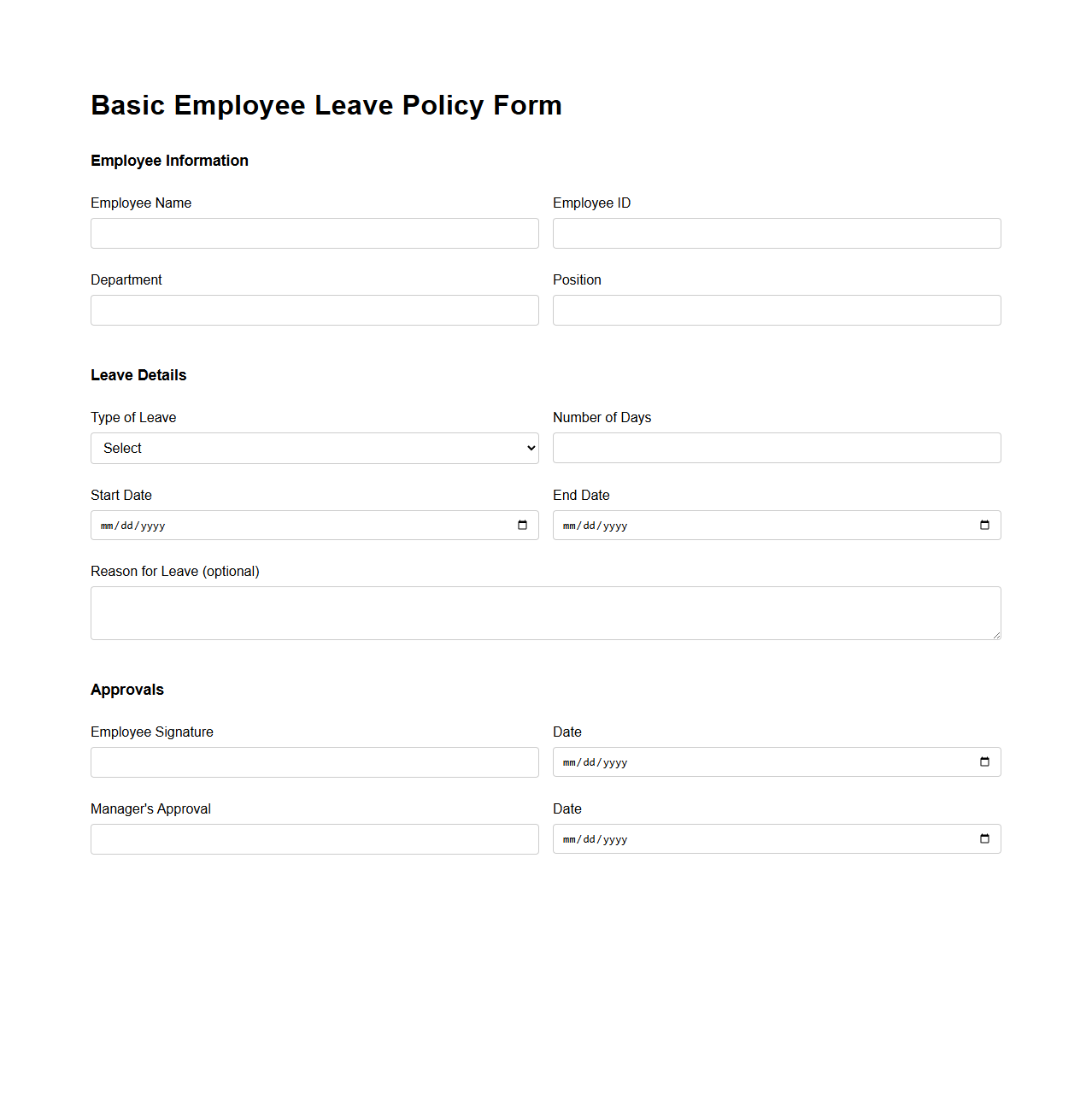 Basic Employee Leave Policy Form
