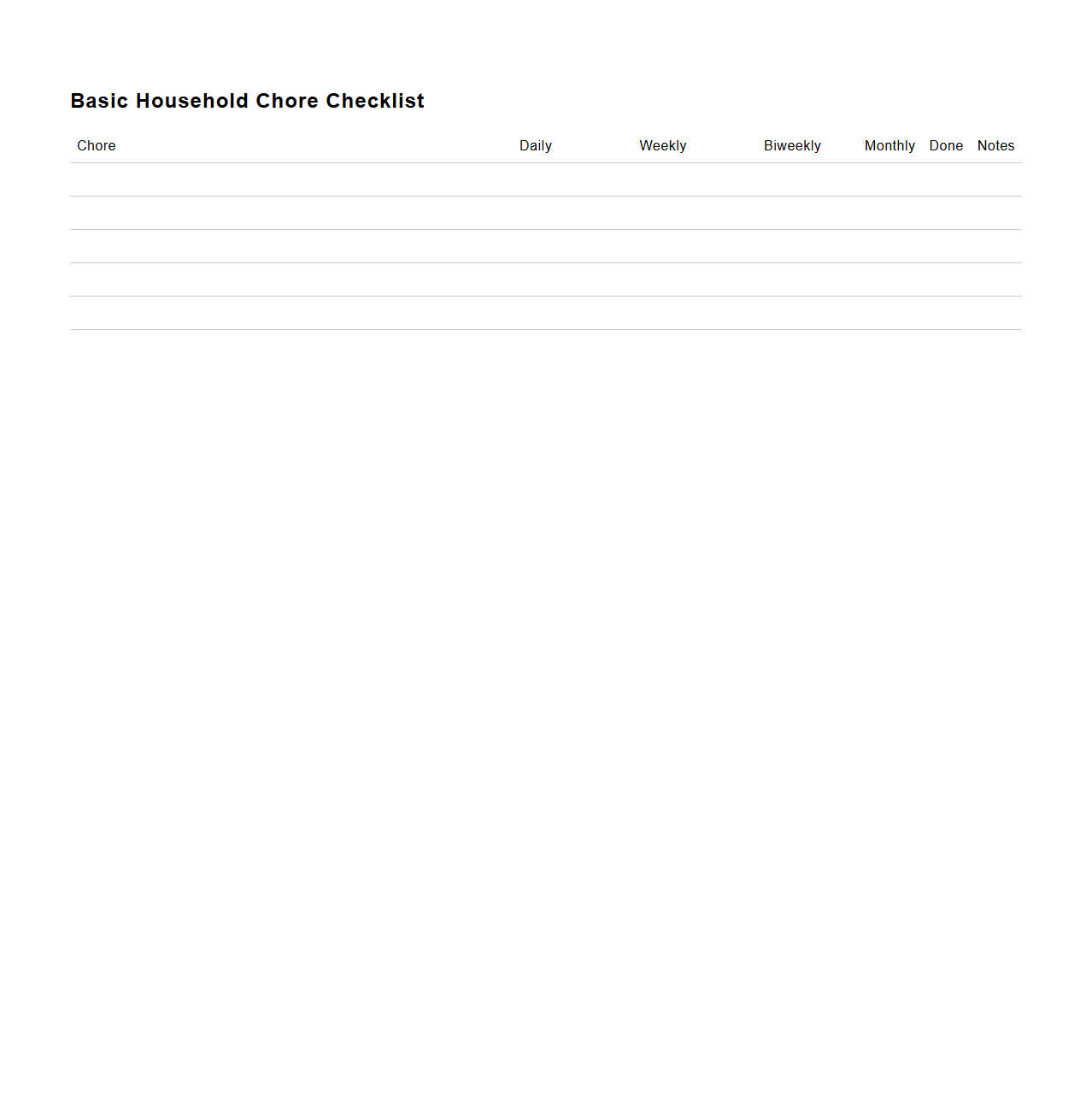 Basic Household Chore Checklist Sheet