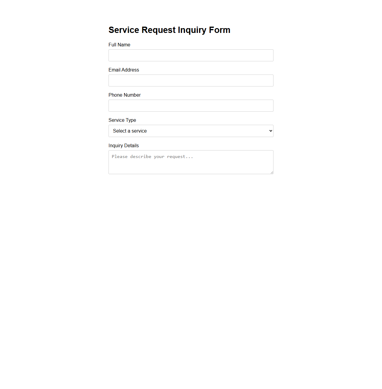 Basic Inquiry Form for Service Requests