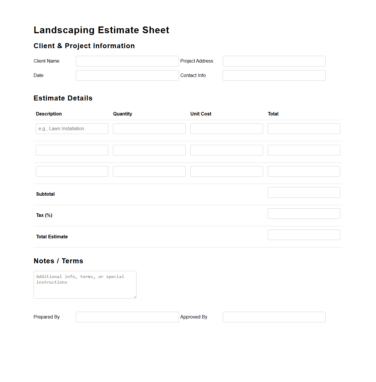 Basic Landscaping Estimate Sheet