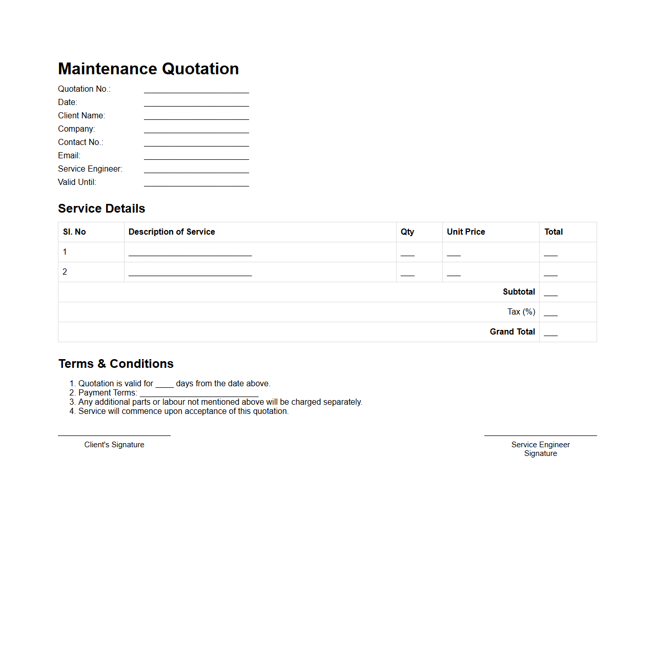 Basic Maintenance Quotation Format for Service Engineers