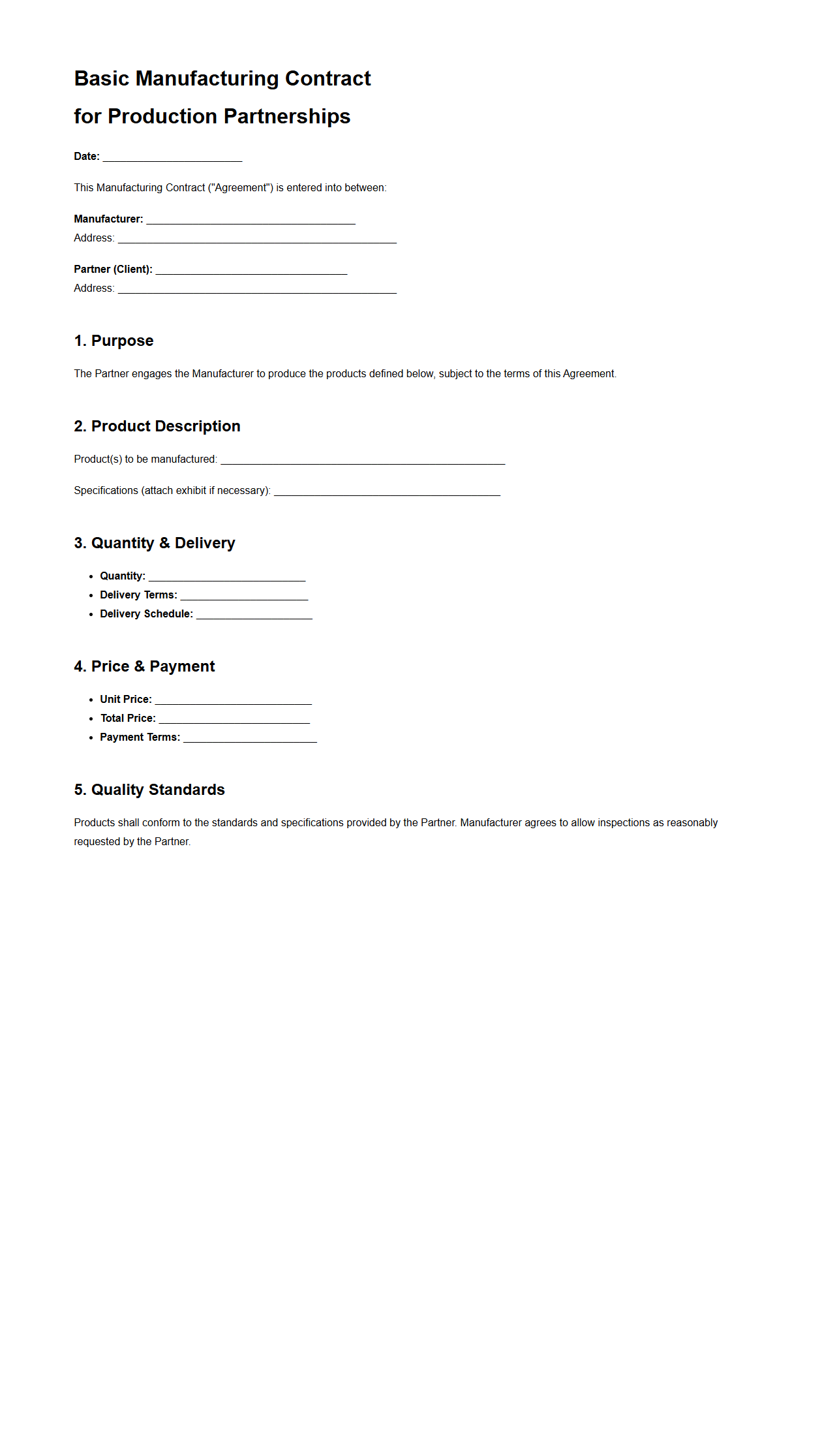 Basic Manufacturing Contract for Production Partnerships