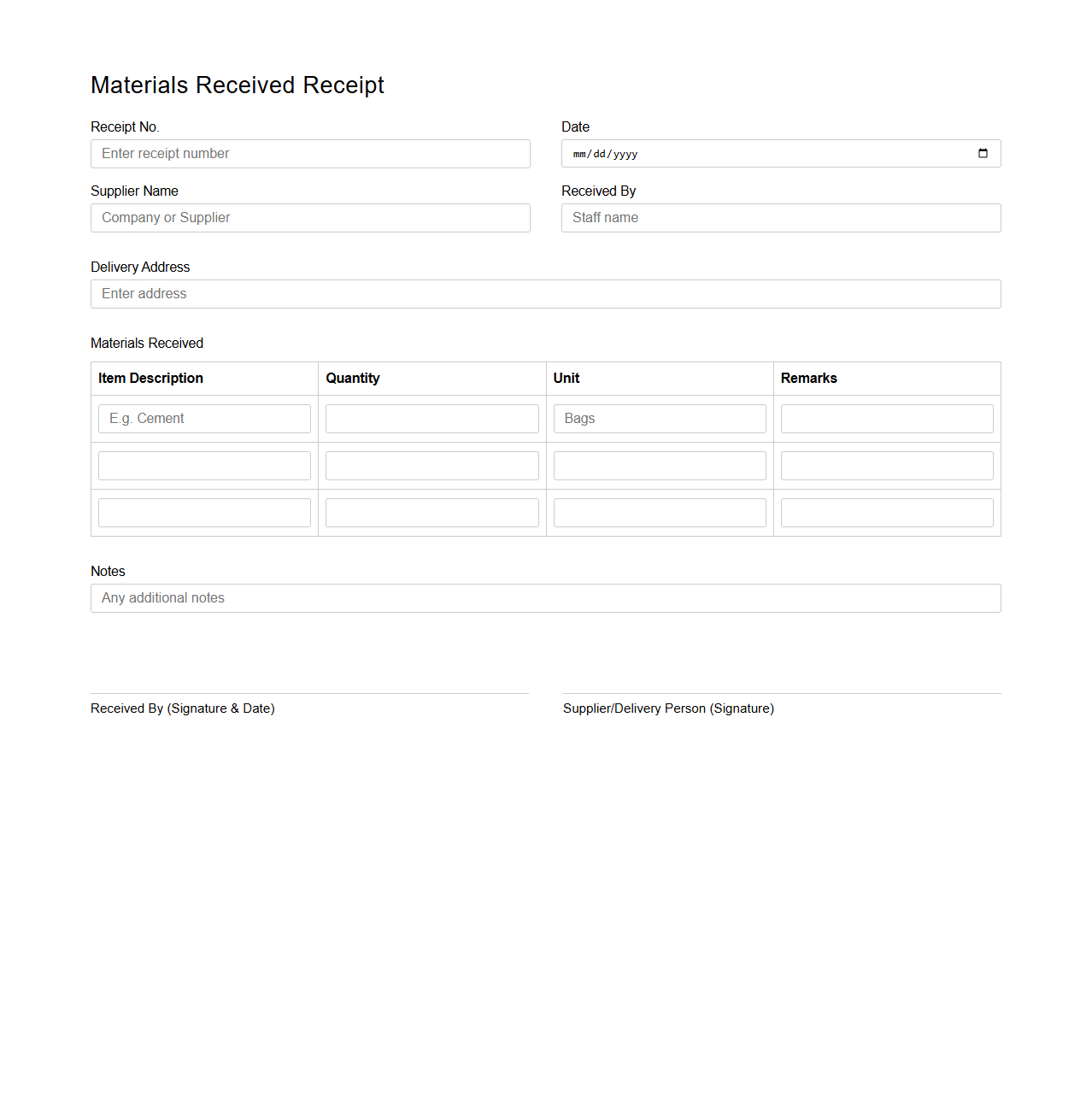 Basic Materials Received Receipt Format