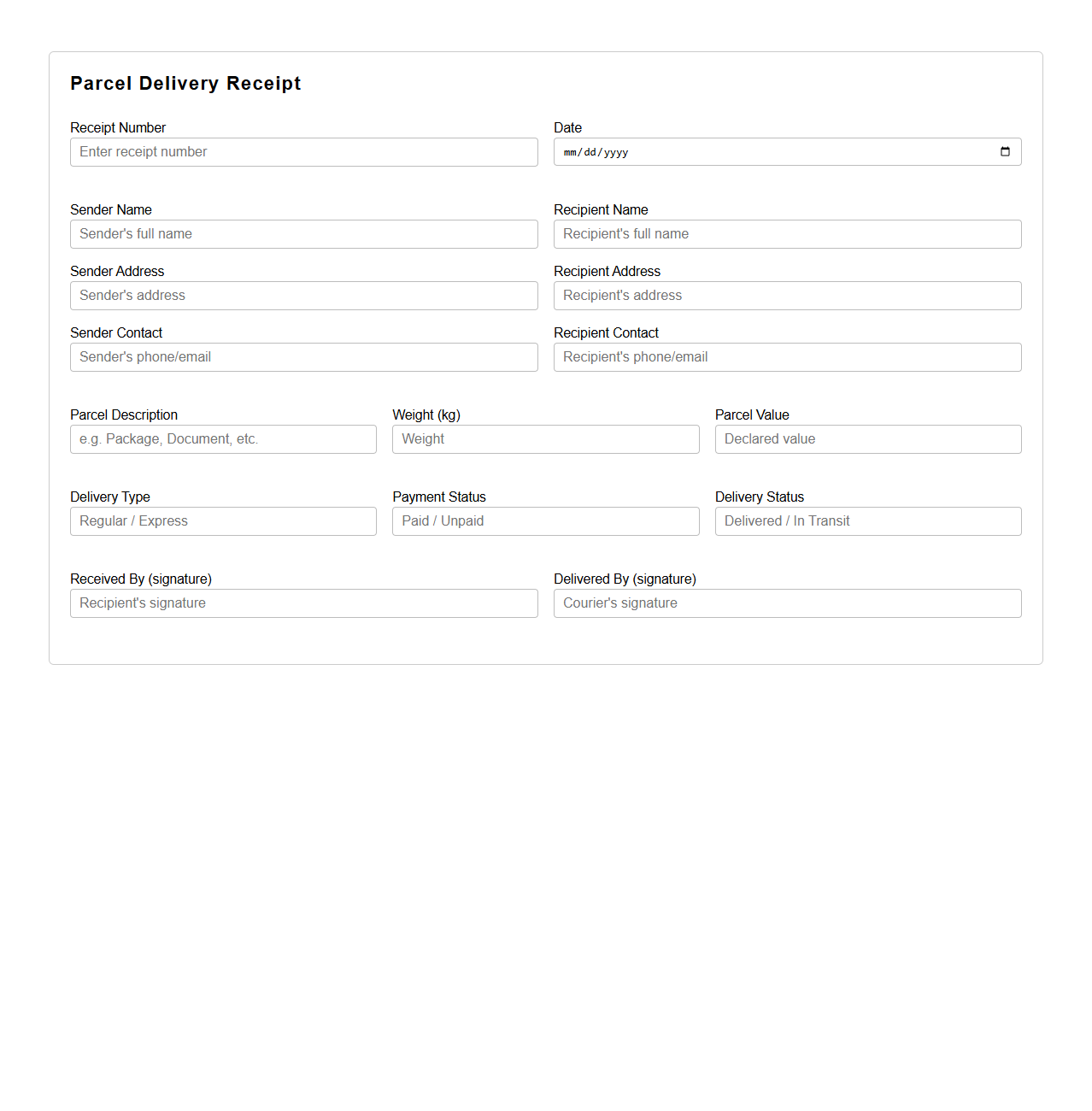 Basic Parcel Delivery Receipt Template for Logistics