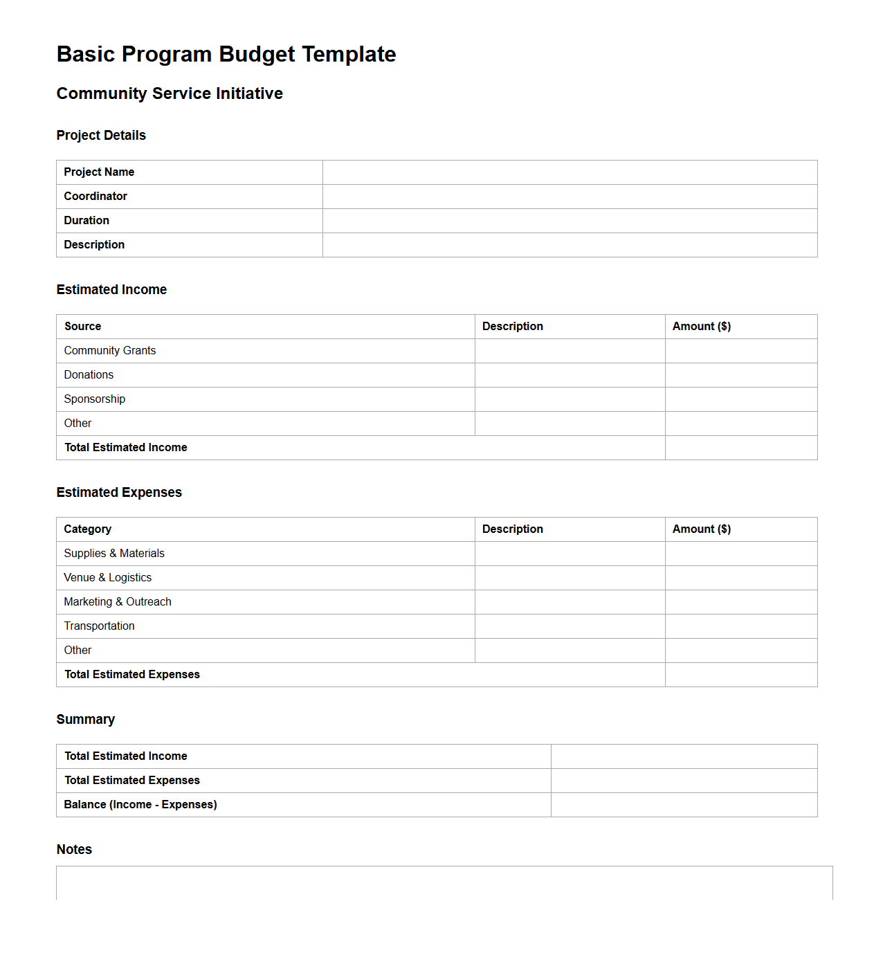 Basic Program Budget Template for Community Service Initiatives