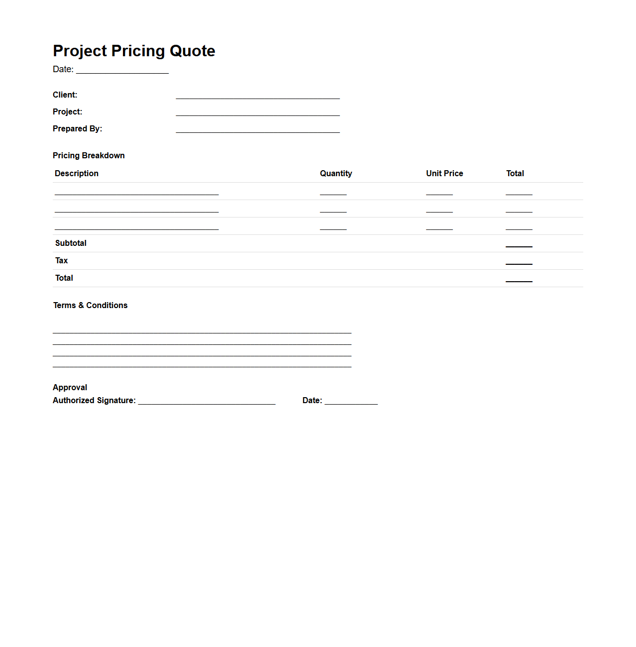 Basic Project Pricing Quote Sample