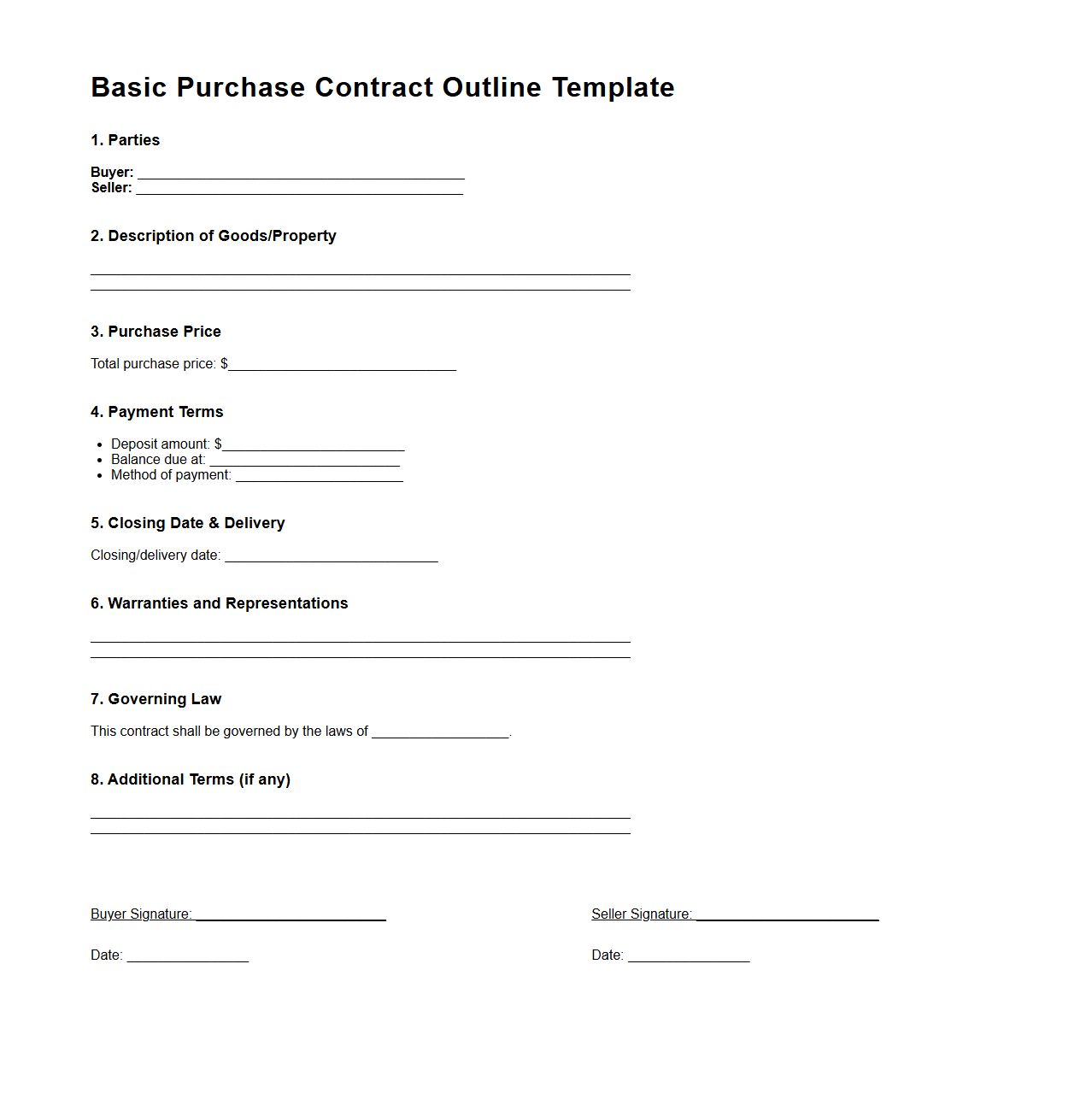 Basic Purchase Contract Outline Template