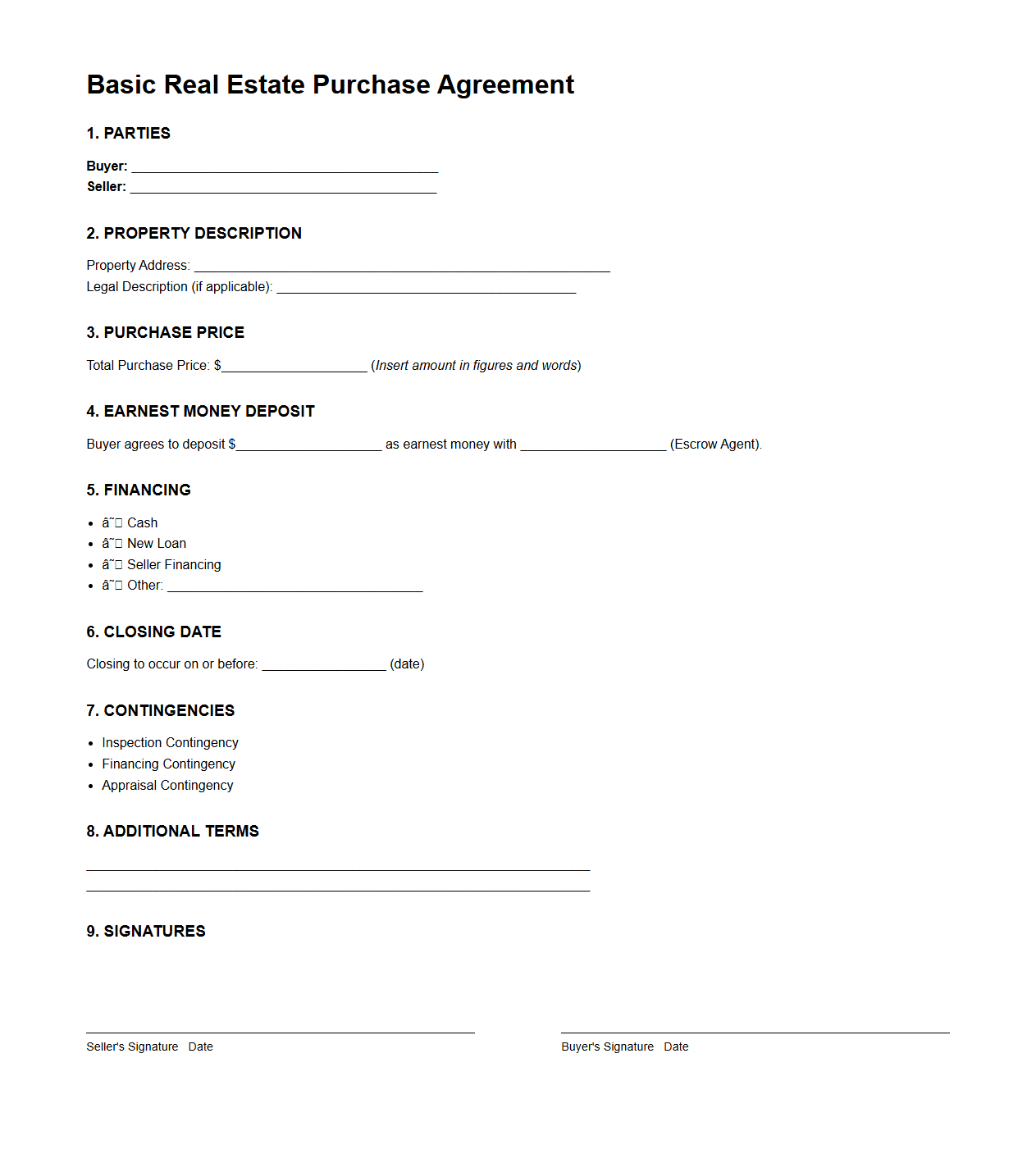 Basic Real Estate Purchase Agreement Outline