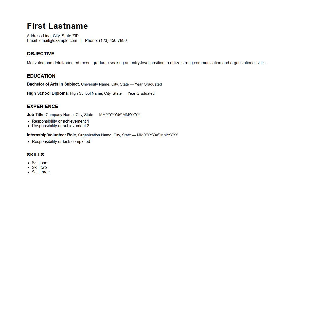 Basic Resume Format for Entry-Level Job Seekers