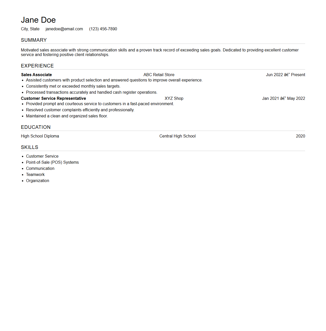 Basic Sales Associate Resume Layout