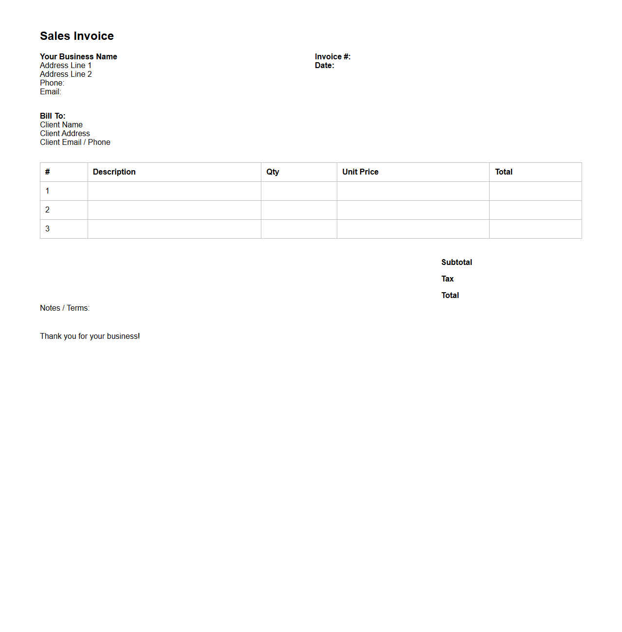 Basic Sales Invoice Sheet for Entrepreneurs