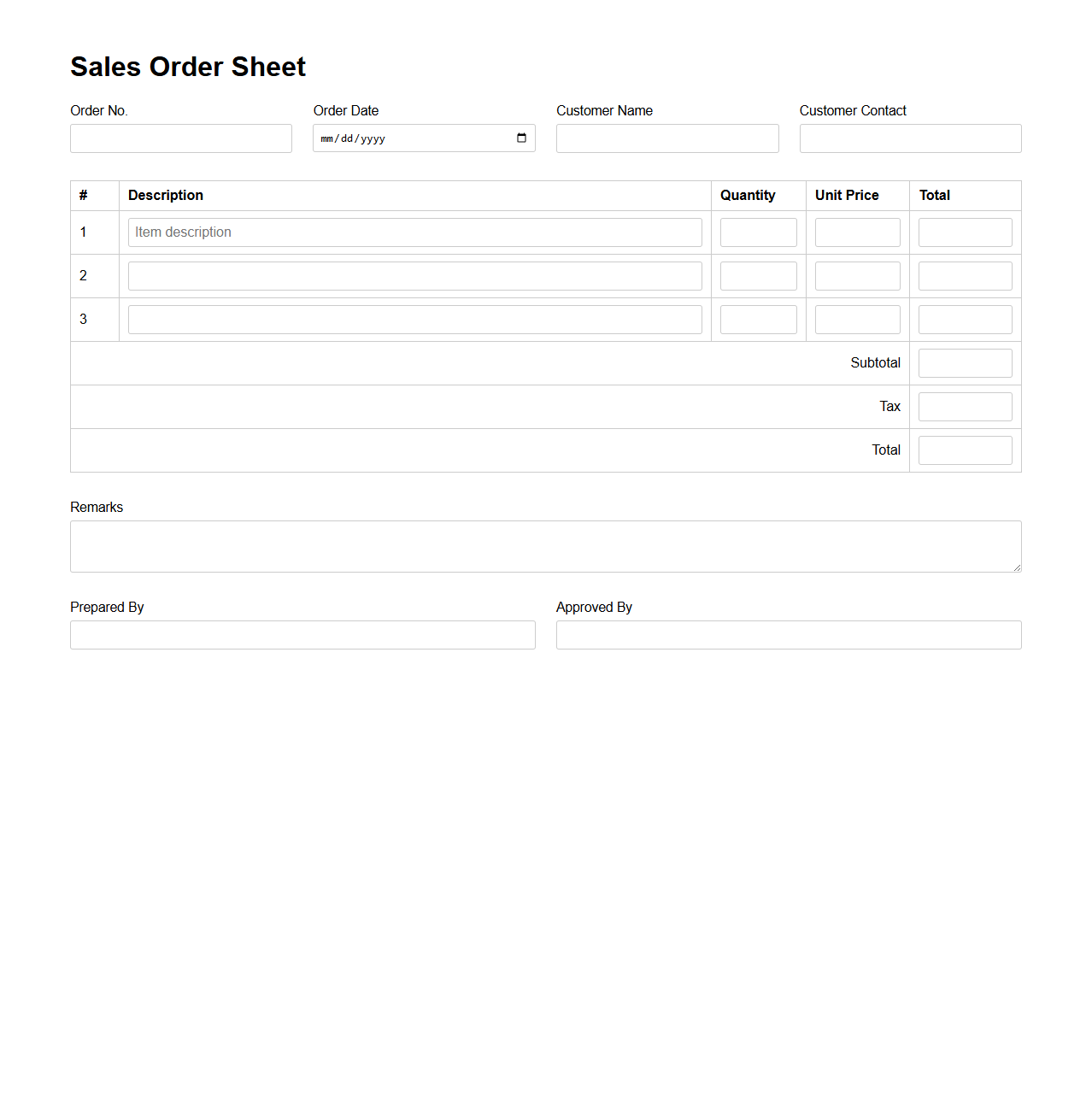 Basic Sales Order Sheet Format