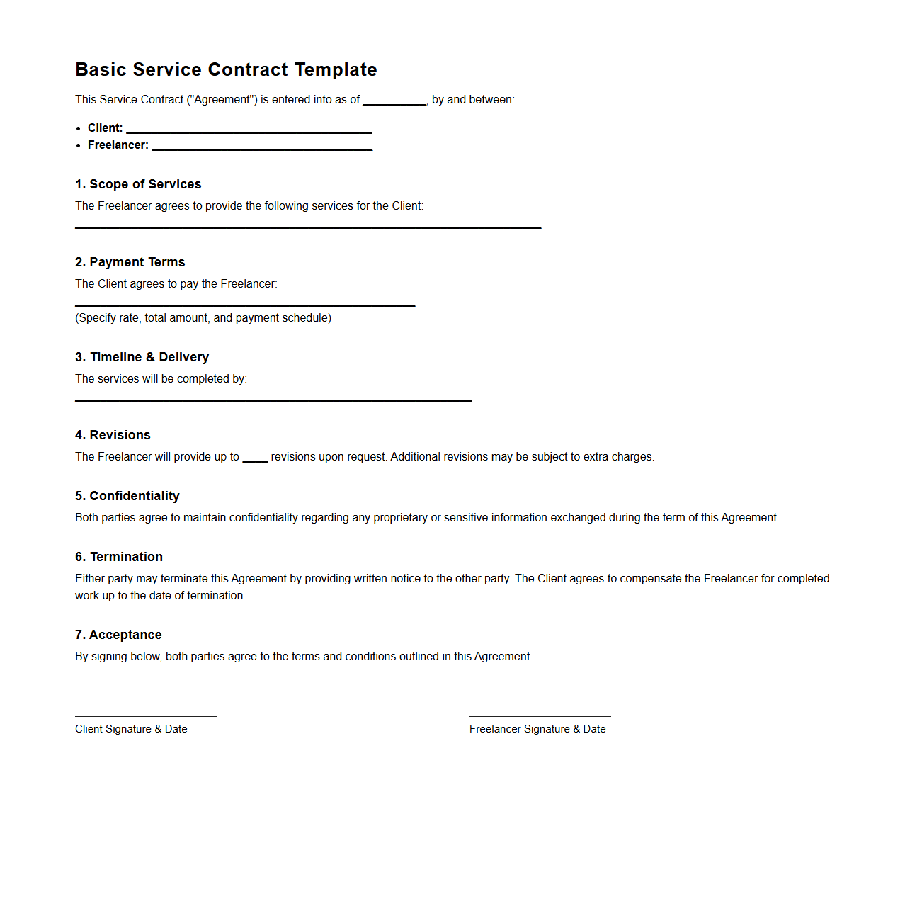 Basic Service Contract Template for Freelancers