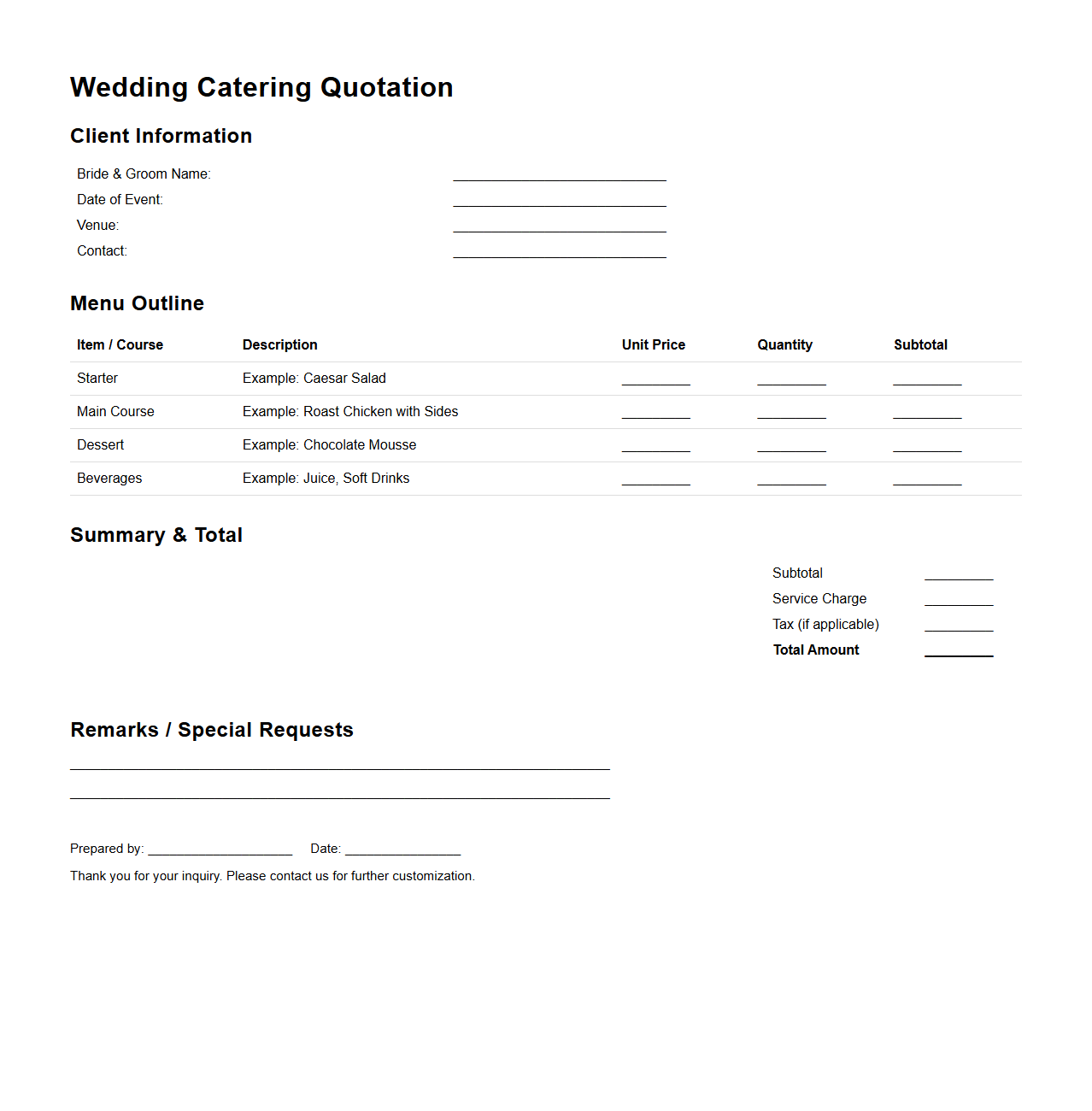 Basic Wedding Catering Quotation Framework