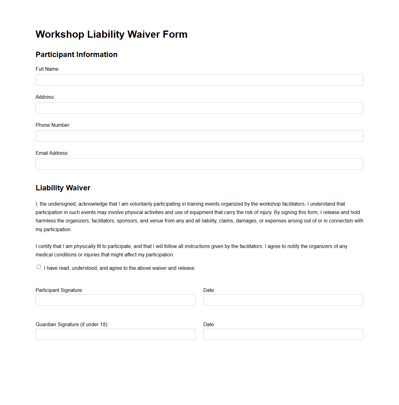 Basic Workshop Liability Waiver Form for Training Events