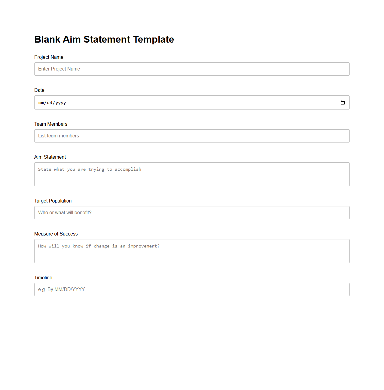 Blank Aim Statement Template for Projects
