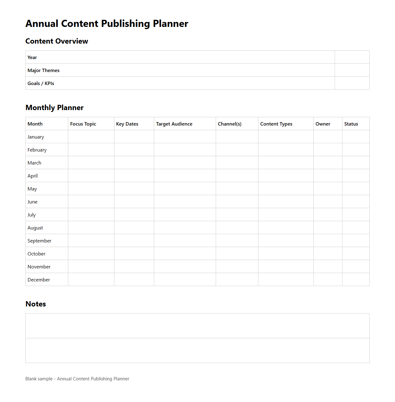 Blank Annual Content Publishing Planner
