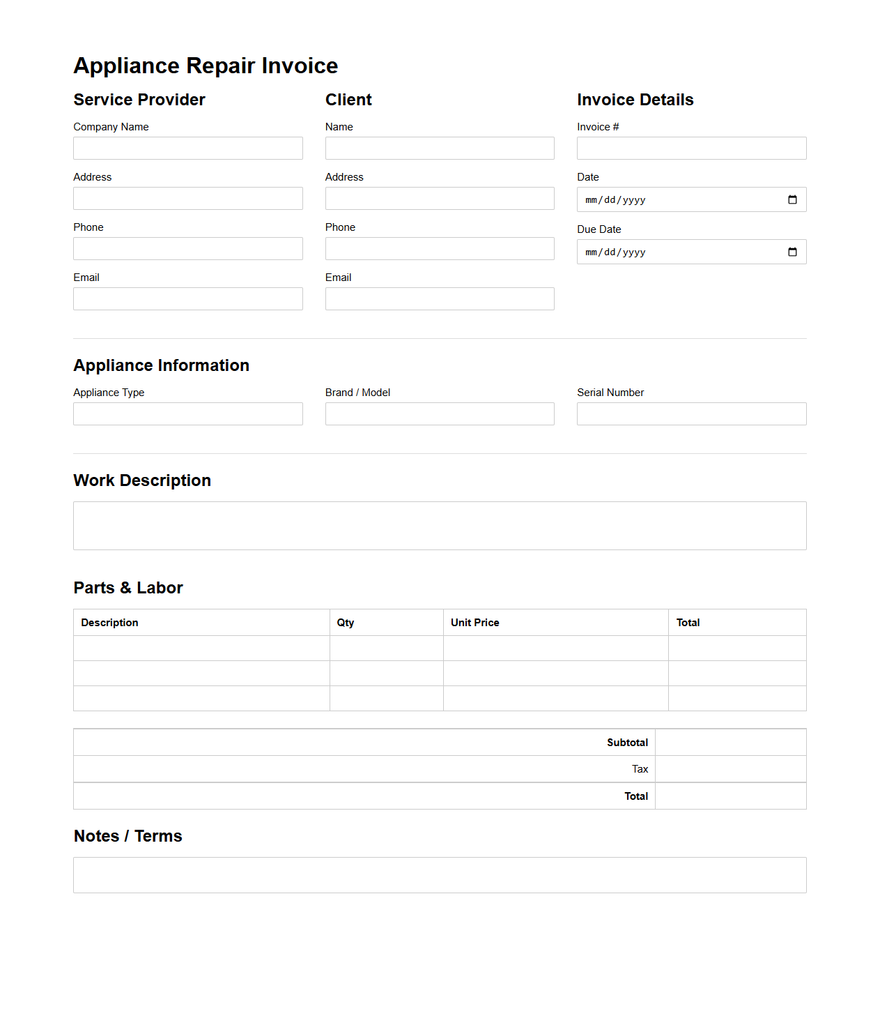 Blank Appliance Repair Invoice Template