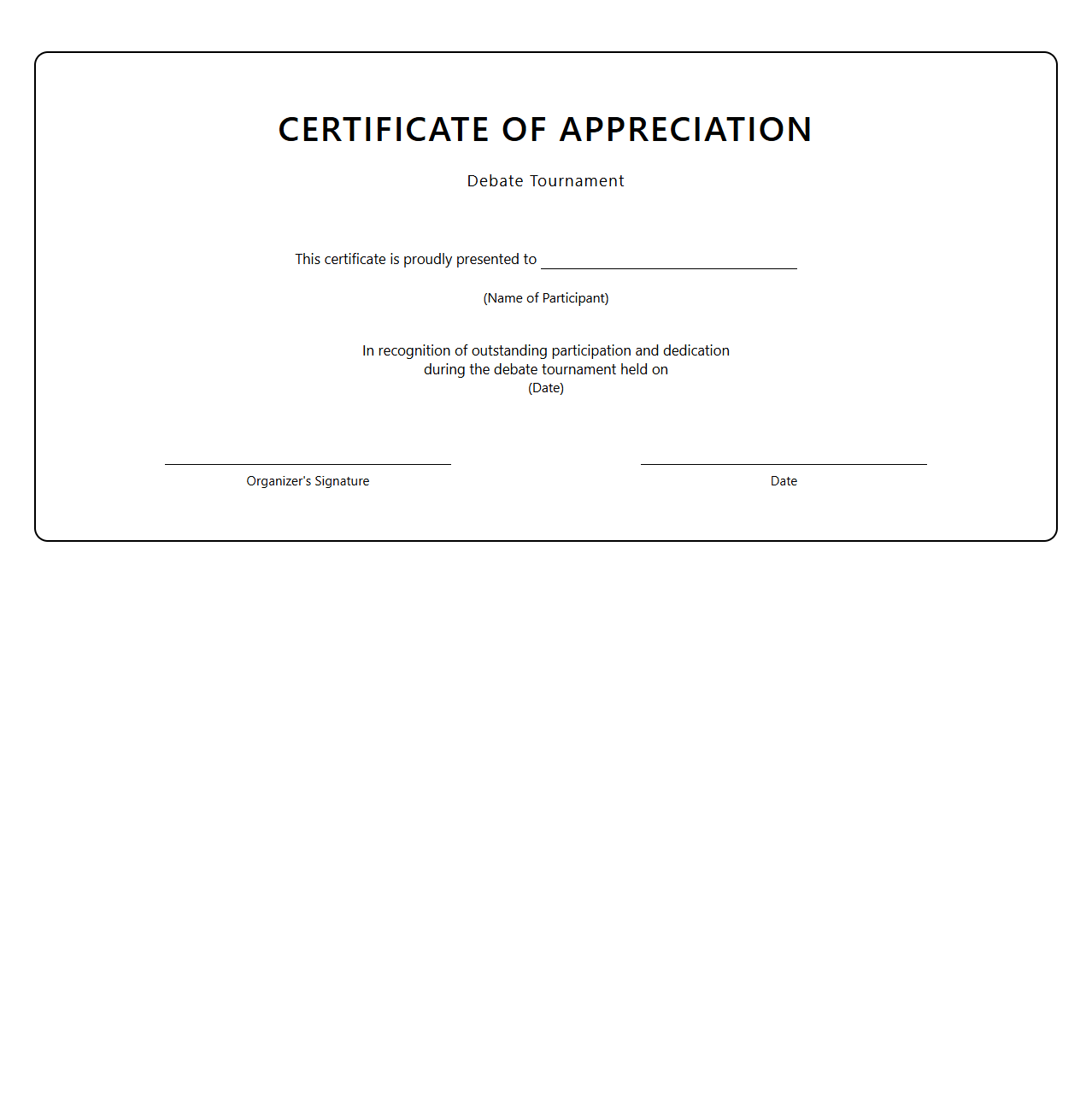 Blank Appreciation Certificate Template for Debate Tournaments