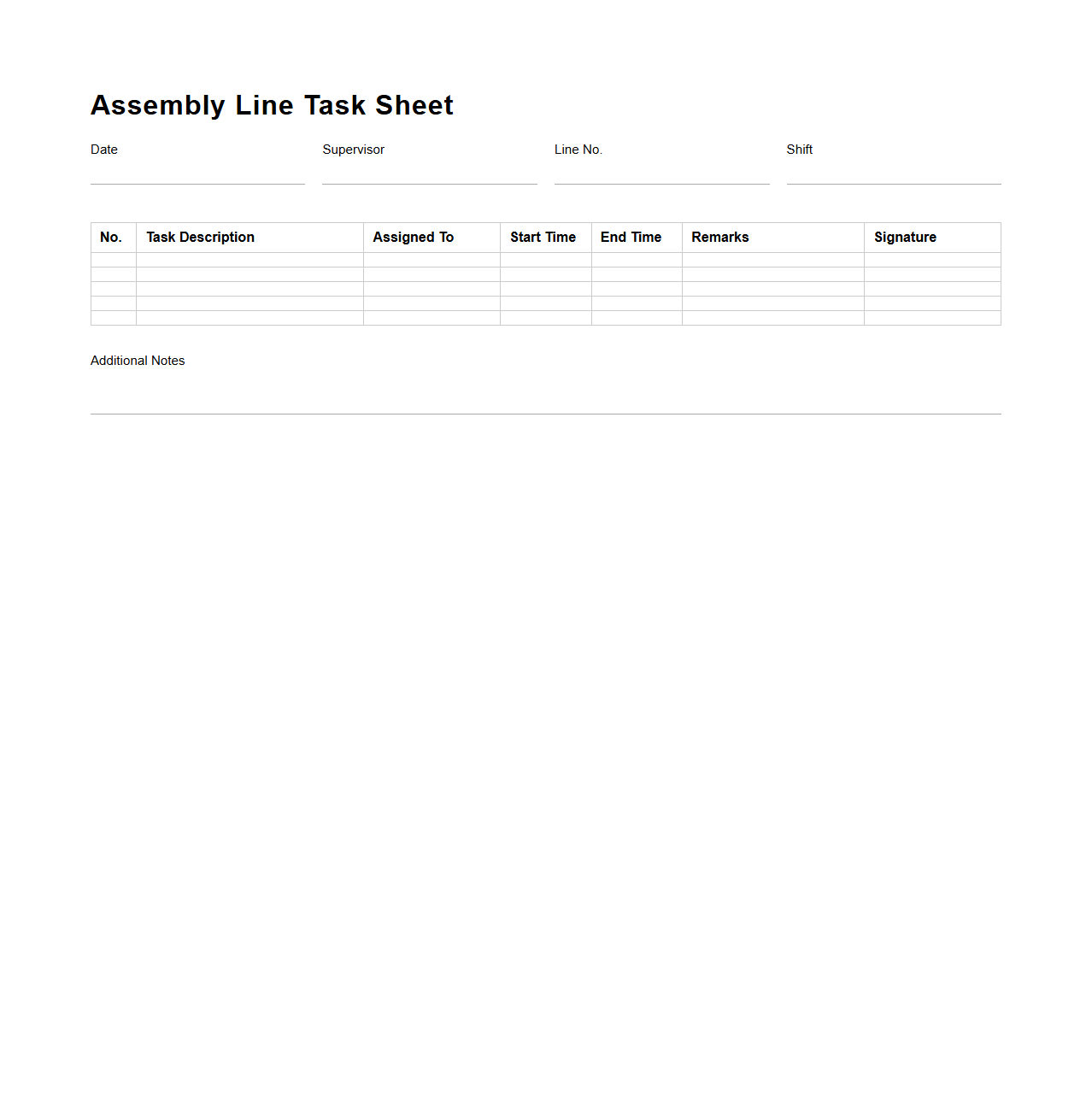 Blank Assembly Line Task Sheet