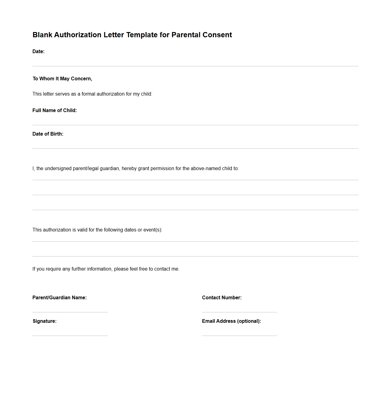 Blank Authorization Letter Template for Parental Consent