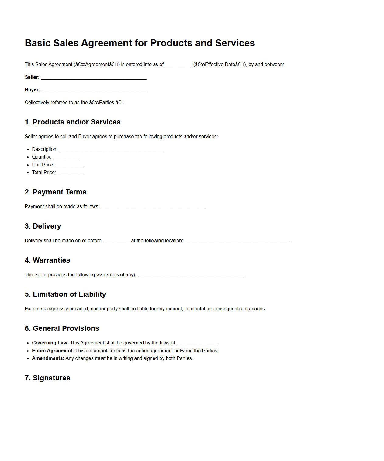Blank Basic Sales Agreement for Products and Services