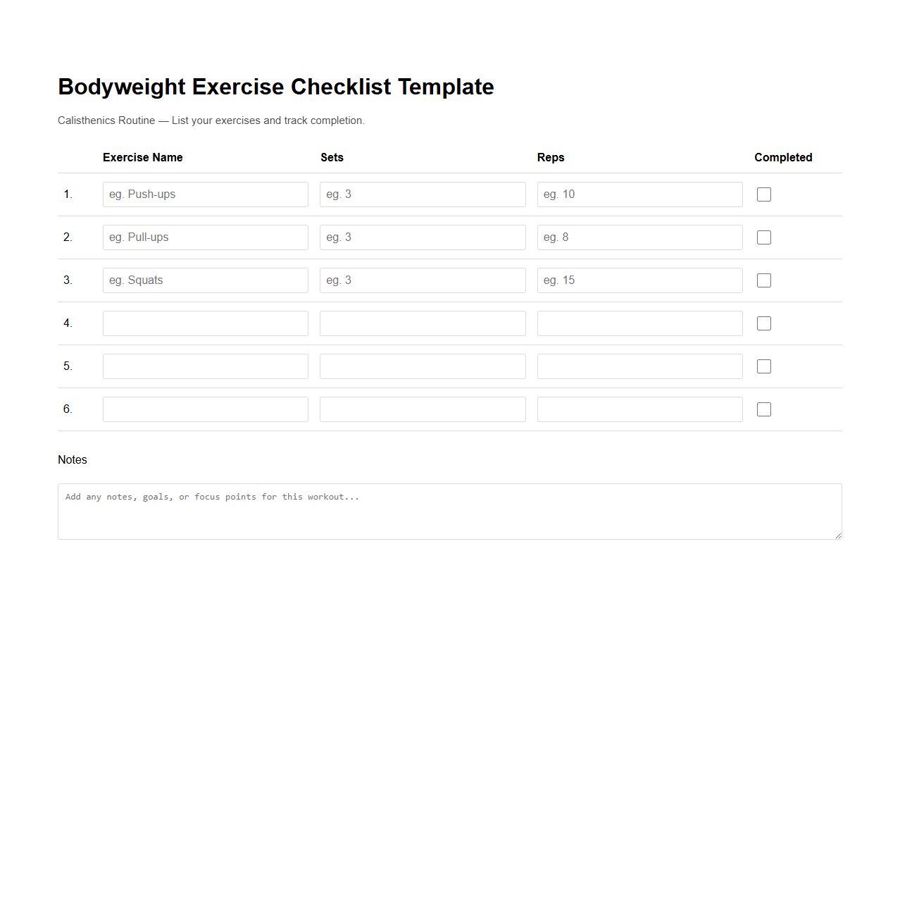 Blank Bodyweight Exercise Checklist Template for Calisthenics