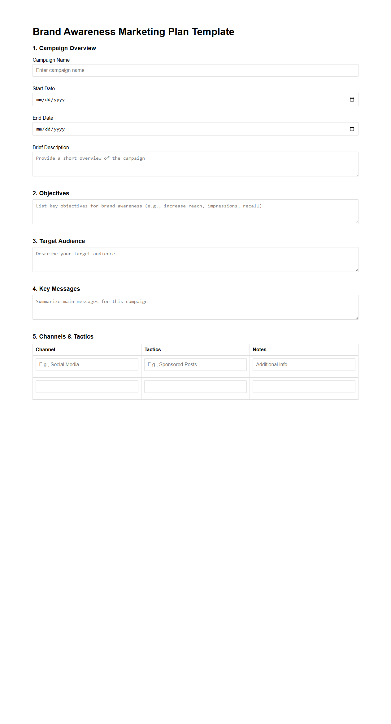 Blank Brand Awareness Marketing Plan Template for Campaigns